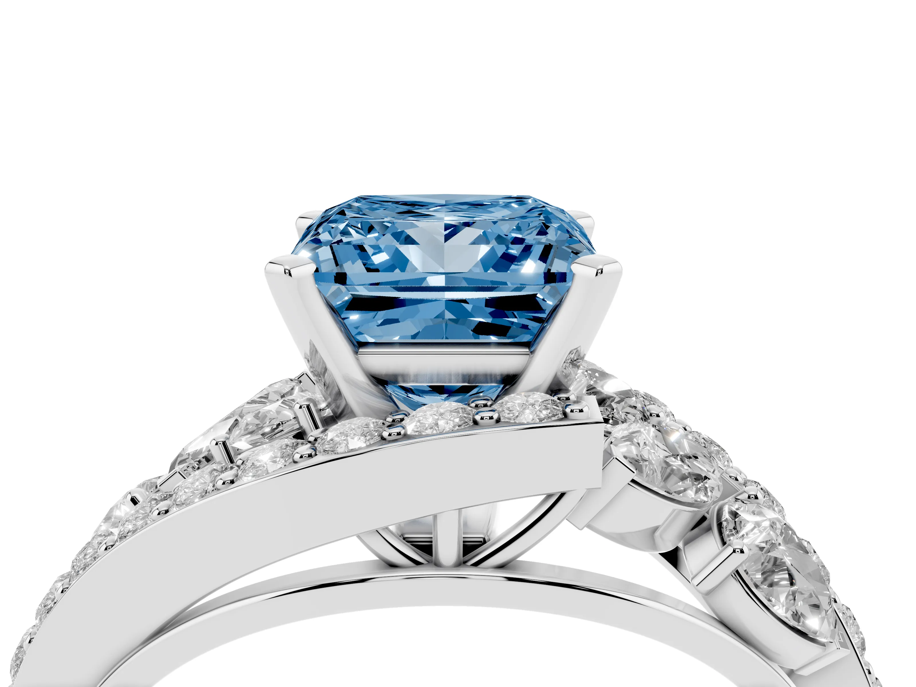 Fancy Blue Princess Cut Diamond Halo Ring Set in White gold with Marquise and Pavé Band in Prong Setting