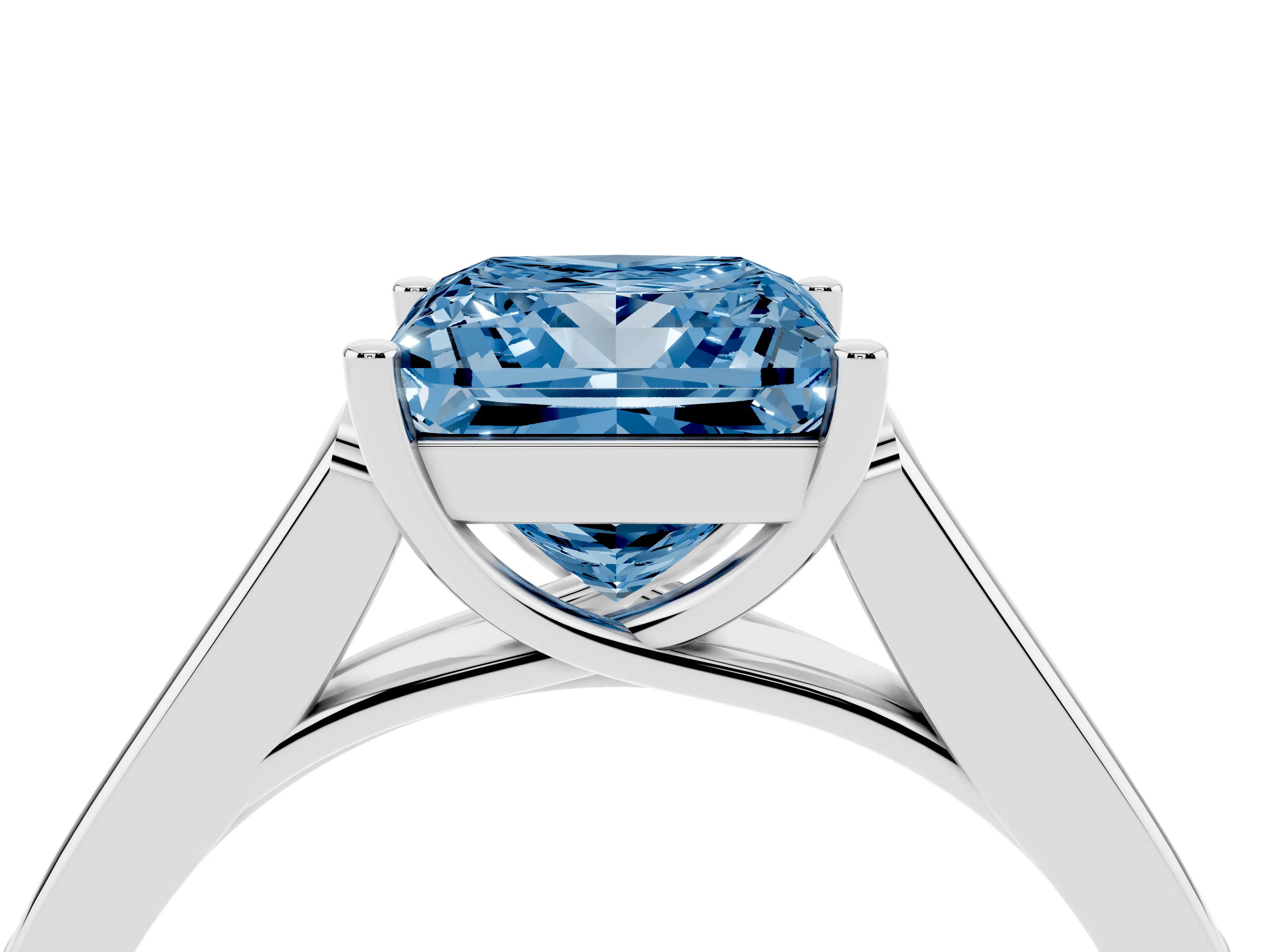 Fancy Blue Princess Cut Diamond Solitaire Cathedral Engagement Ring Set in White gold with Channel-Set Band and Prong Setting
