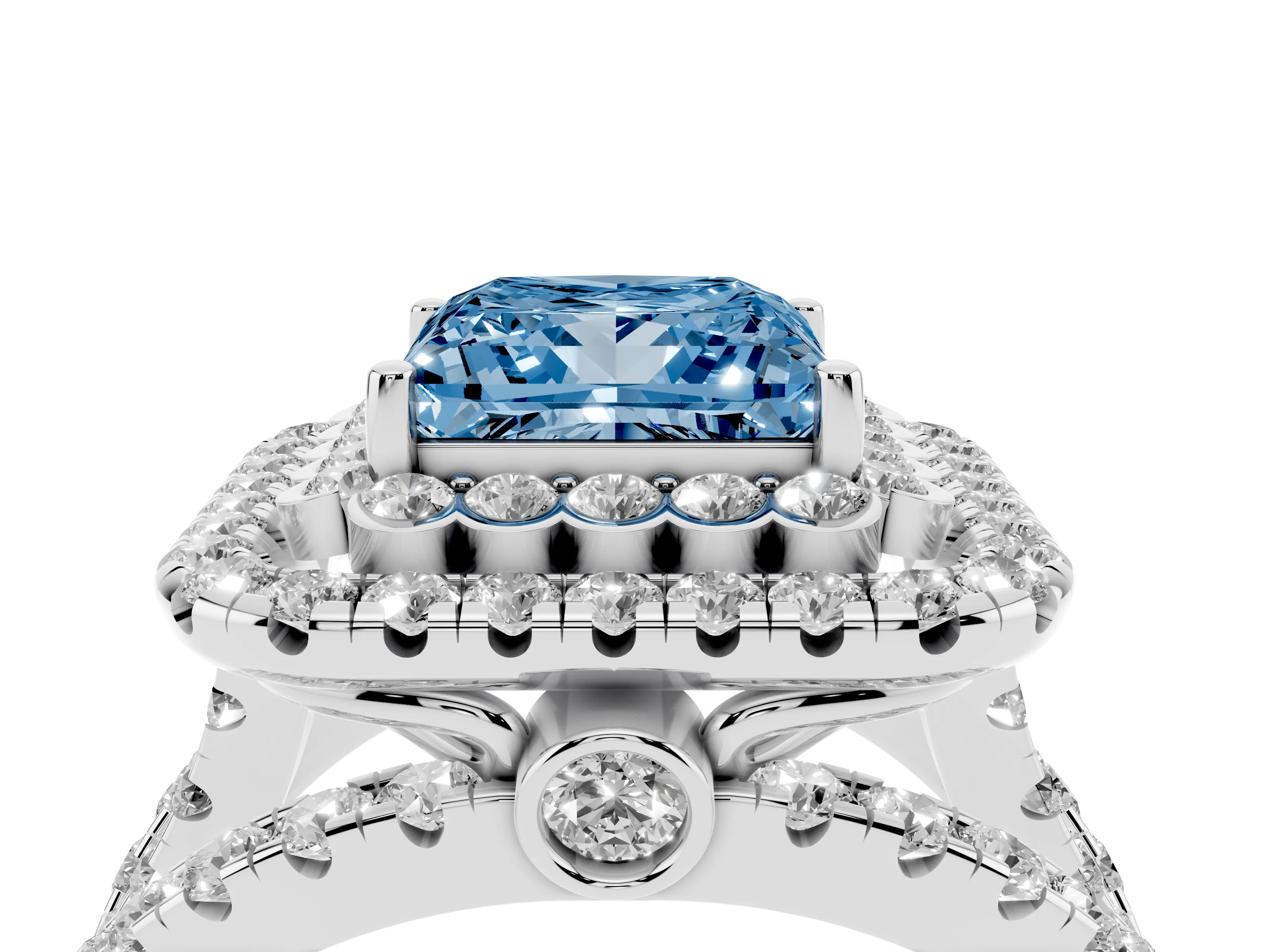 Fancy Blue Princess Cut Diamond Double Halo Ring Set in White gold with Round Pavé Split Shank
