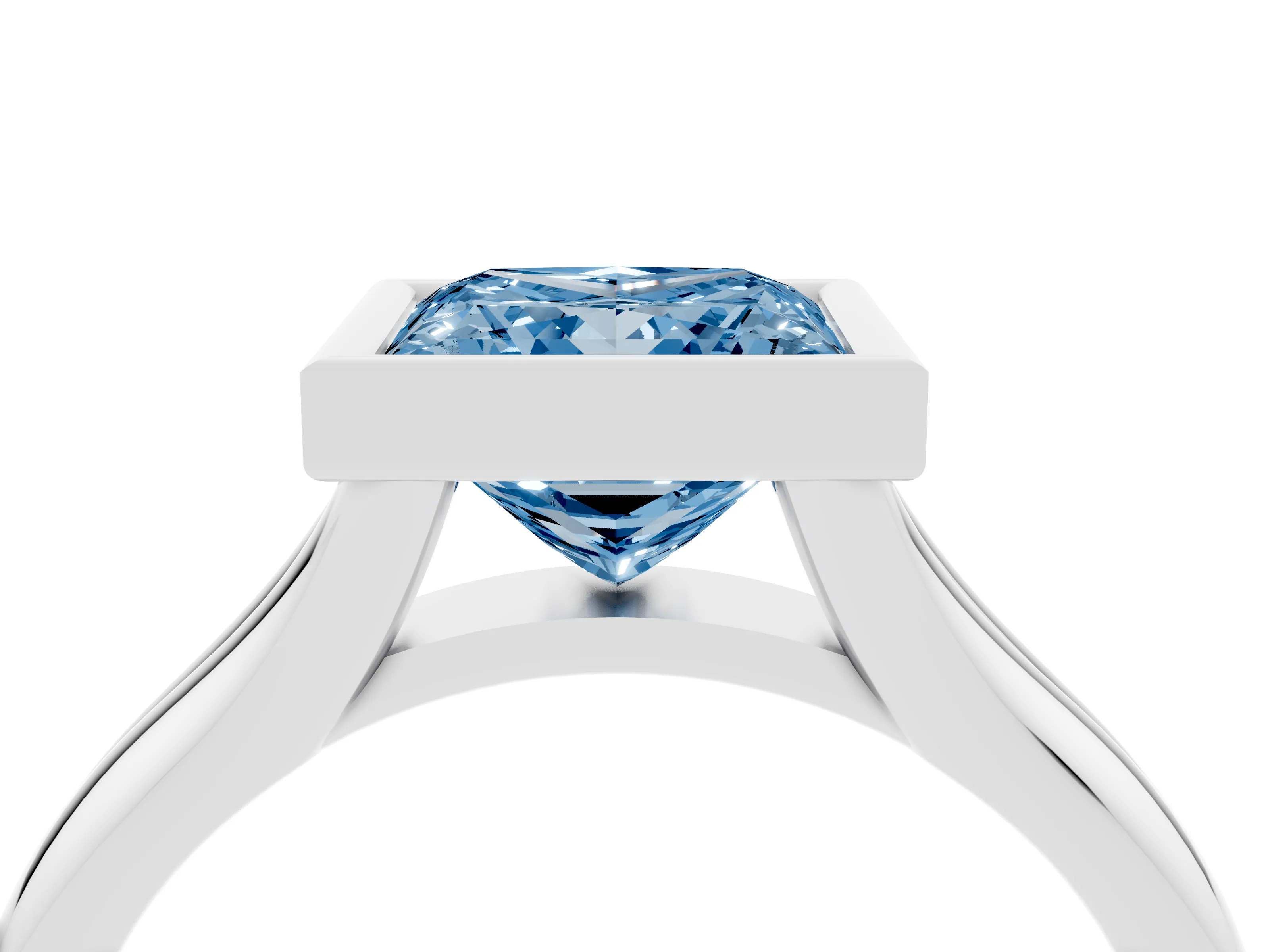Fancy Blue Bezel Set Princess Cut Diamond Solitaire Ring Set in White gold with Smooth Band