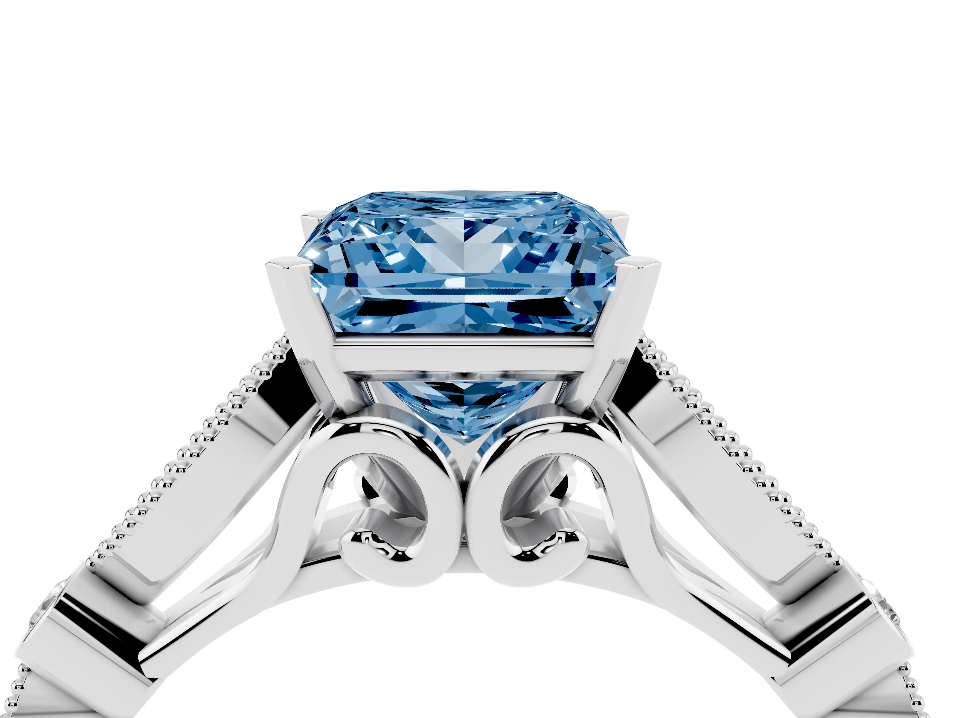 Fancy Blue Princess Cut Diamond Solitaire Ring Set in White gold with Milgrain Marquise and Bezel Accents