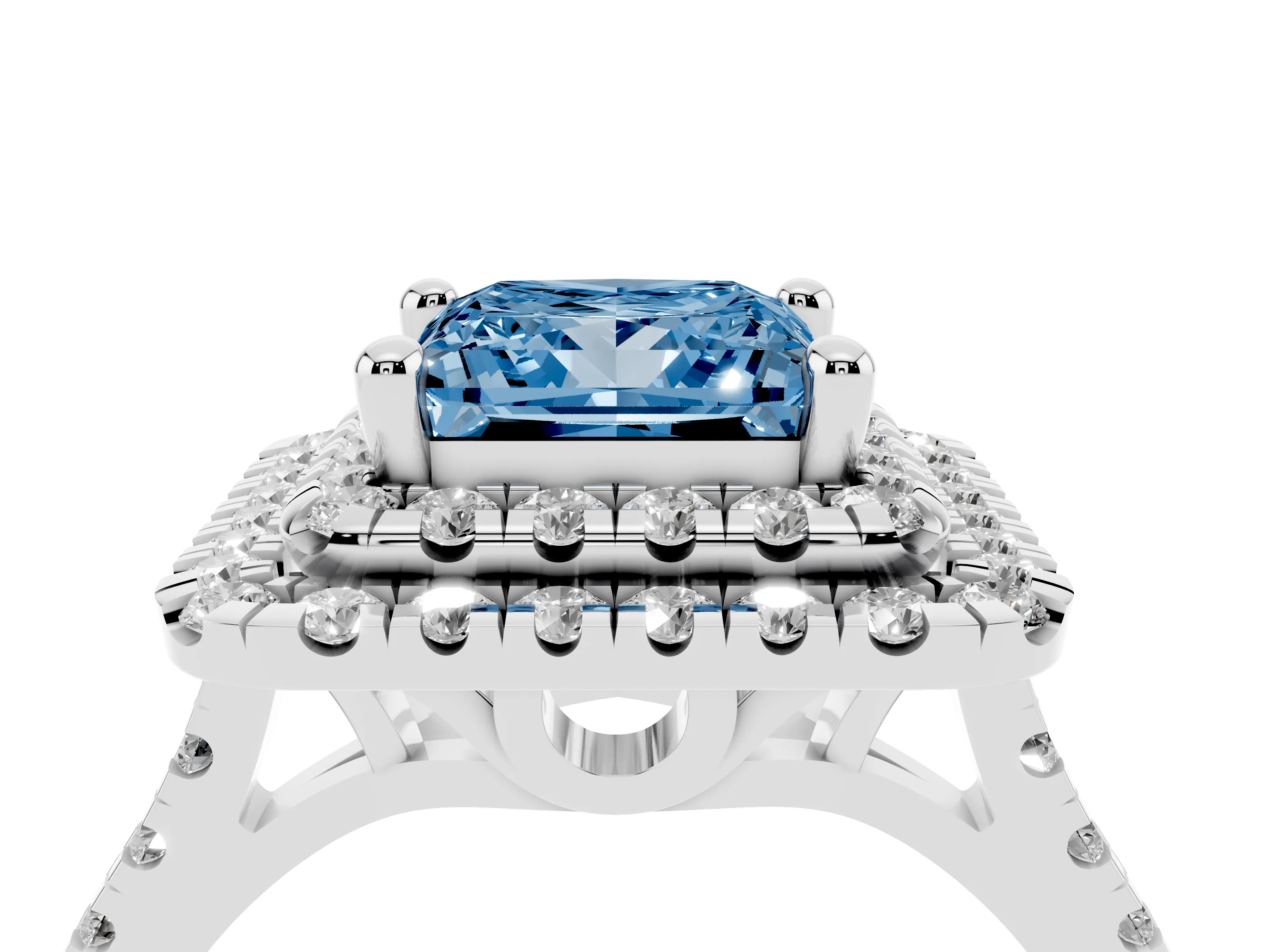 Fancy Blue Princess Cut Diamond Double Halo Statement Ring Set in White gold with Pavé Band