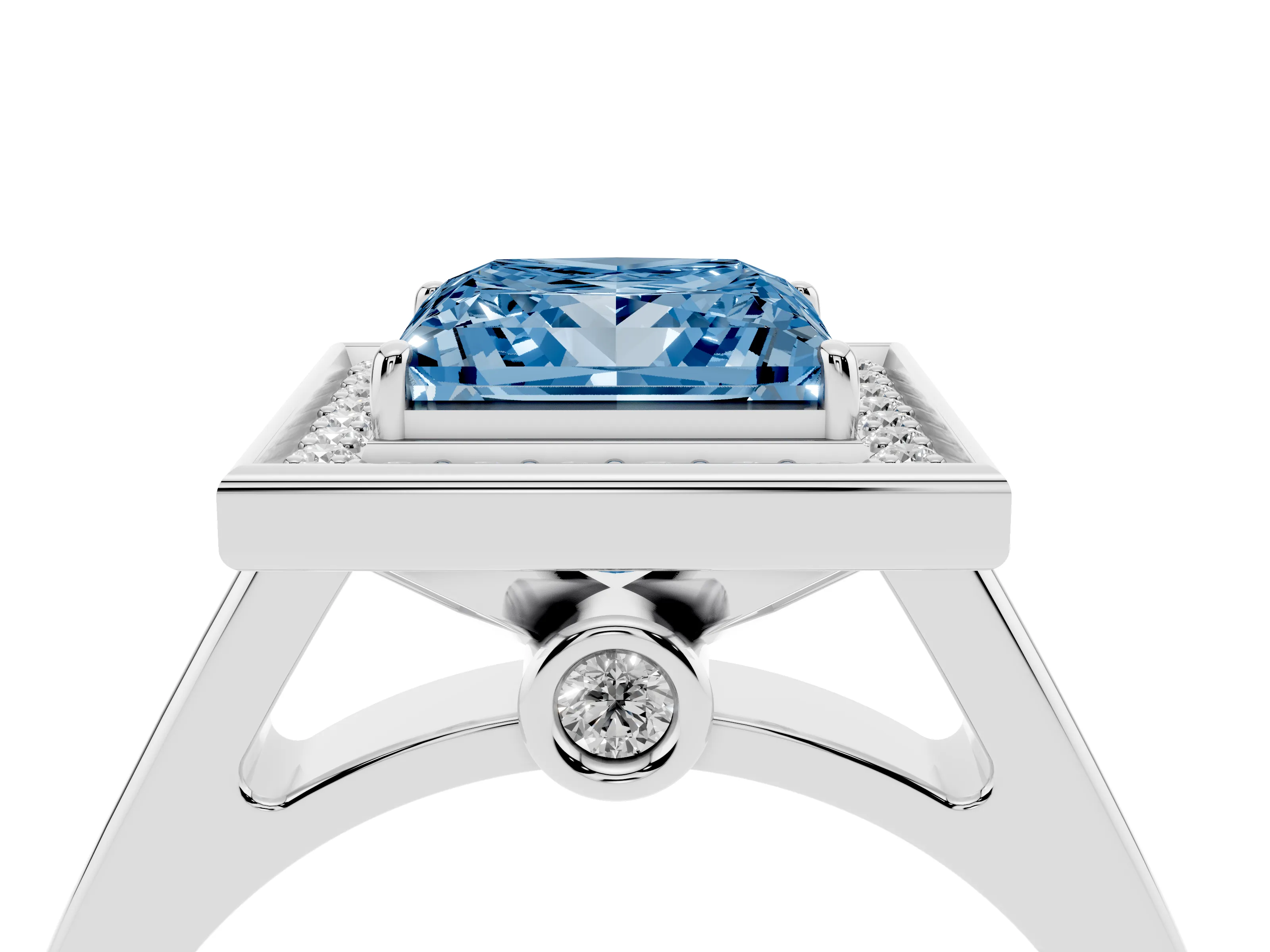 Fancy Blue Princess Cut Diamond Halo Solitaire Ring Set in Platinum with Pavé Band and Bezel Setting