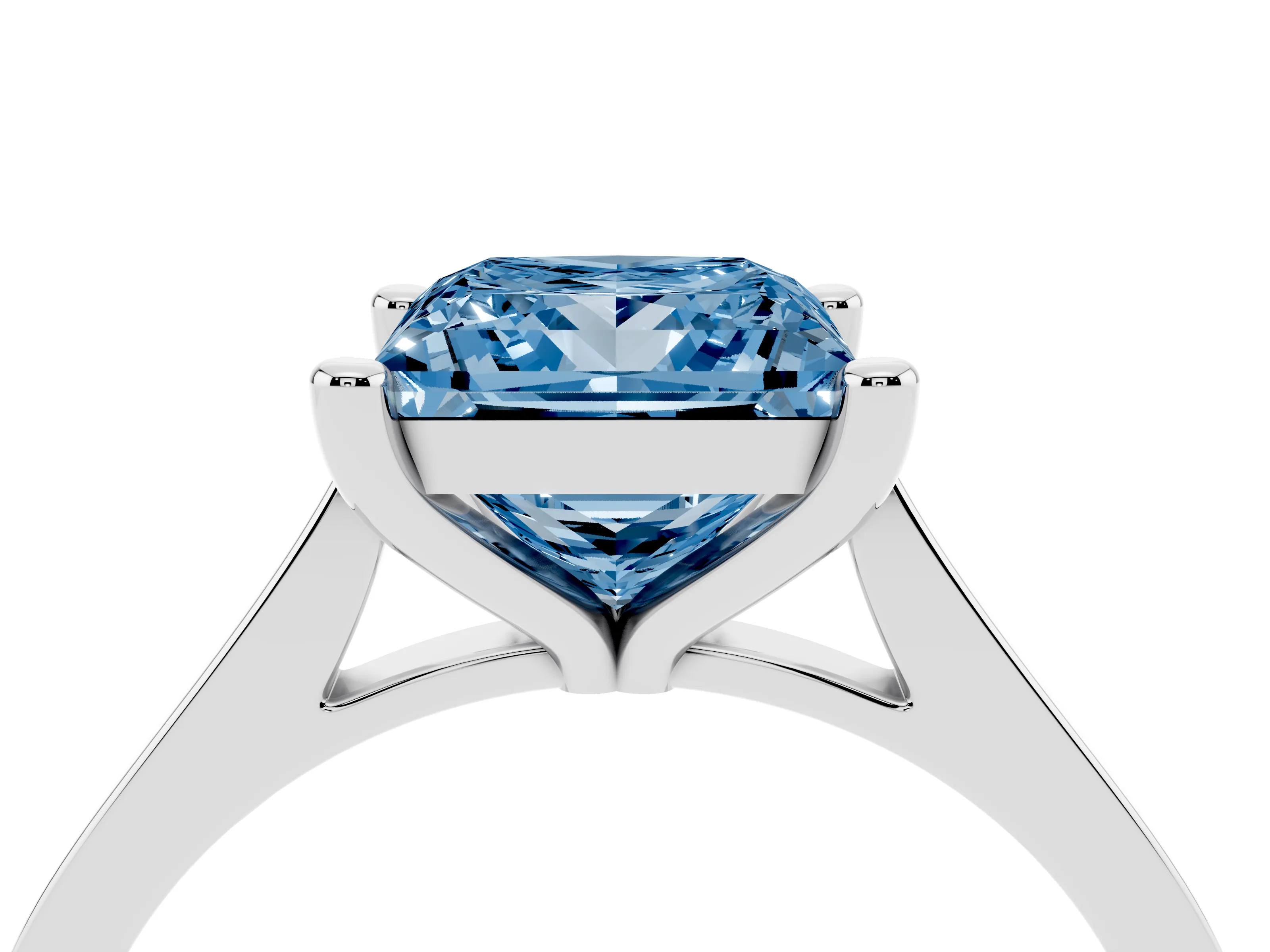 Fancy Blue Princess Cut Diamond Solitaire Ring Set in White gold with Prong Setting and Tapered Band