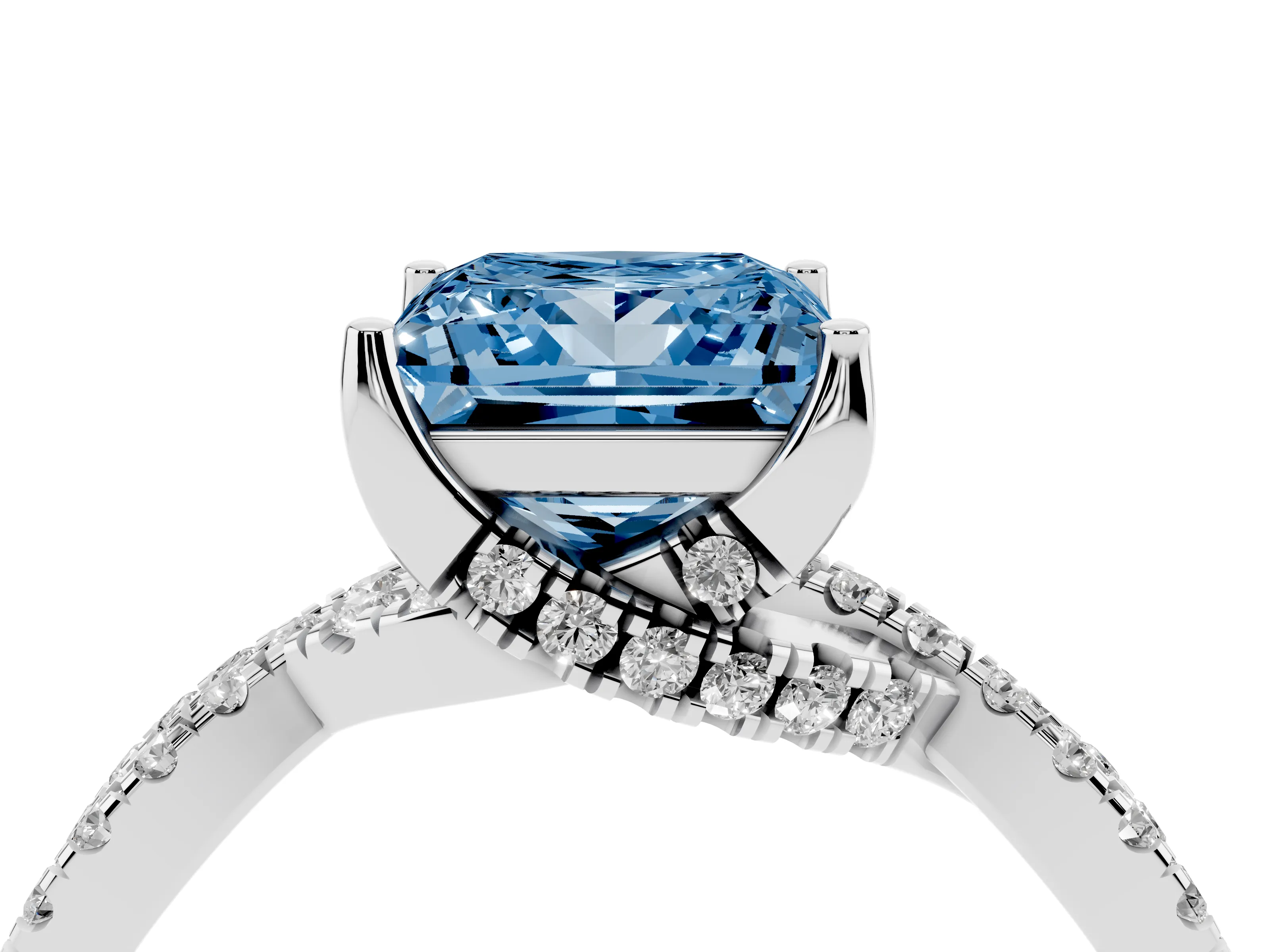 Fancy Blue Princess Cut Diamond Twist Pavé Solitaire Engagement Ring Set in Silver with Prong Setting