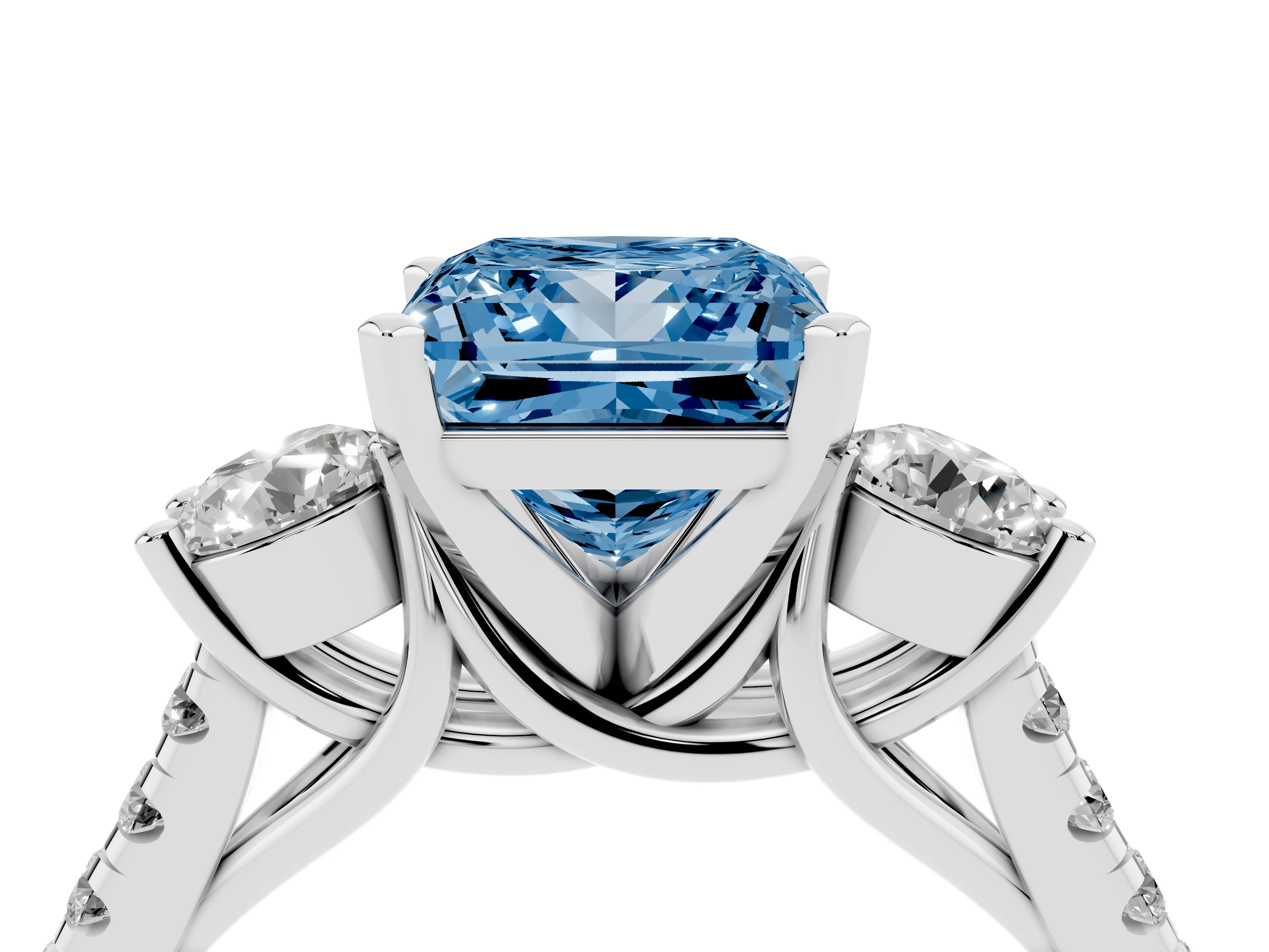 Fancy Blue Three-Stone Princess Cut Diamond Pavé Band Ring Set in Platinum with Prong-Set Trio