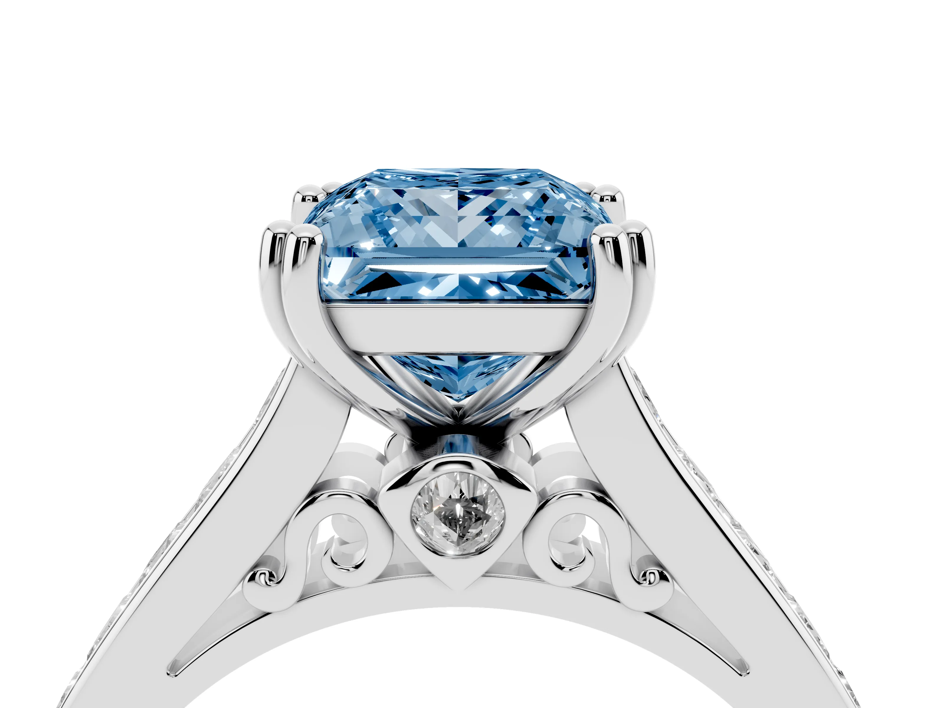 Fancy Blue Princess Cut Diamond Channel Set Solitaire Engagement Ring Set in White gold with Prong Setting