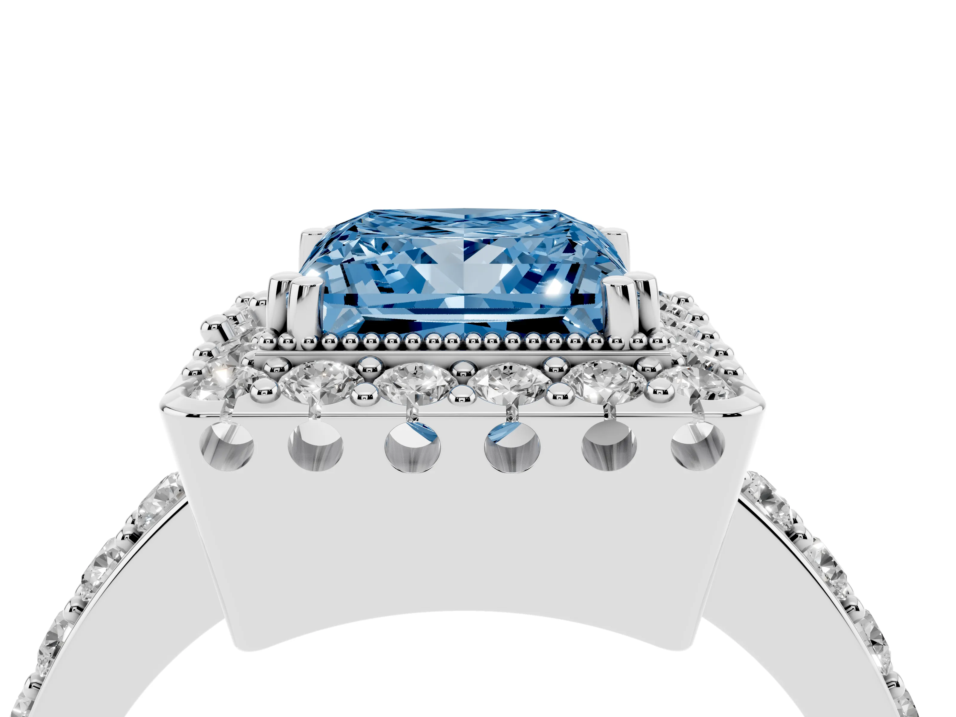 Fancy Blue Princess Cut Diamond Halo Ring Set in White gold with Pavé Shank and Prong Setting