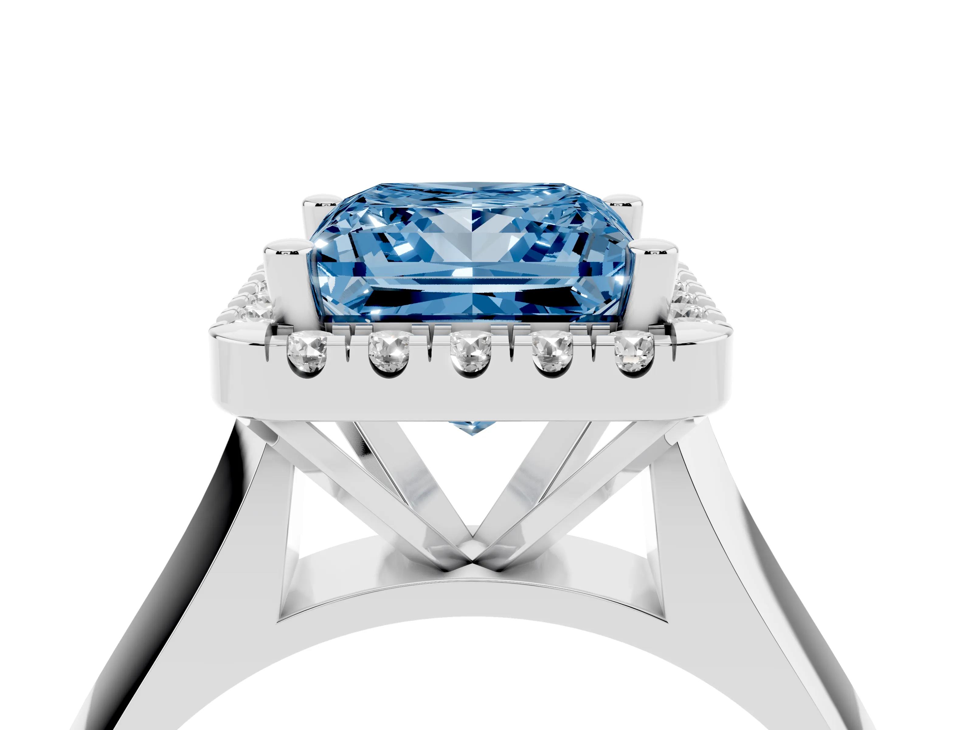 Fancy Blue Princess Cut Diamond Halo Solitaire Engagement Ring Set in Platinum with Square Band and Prong Setting