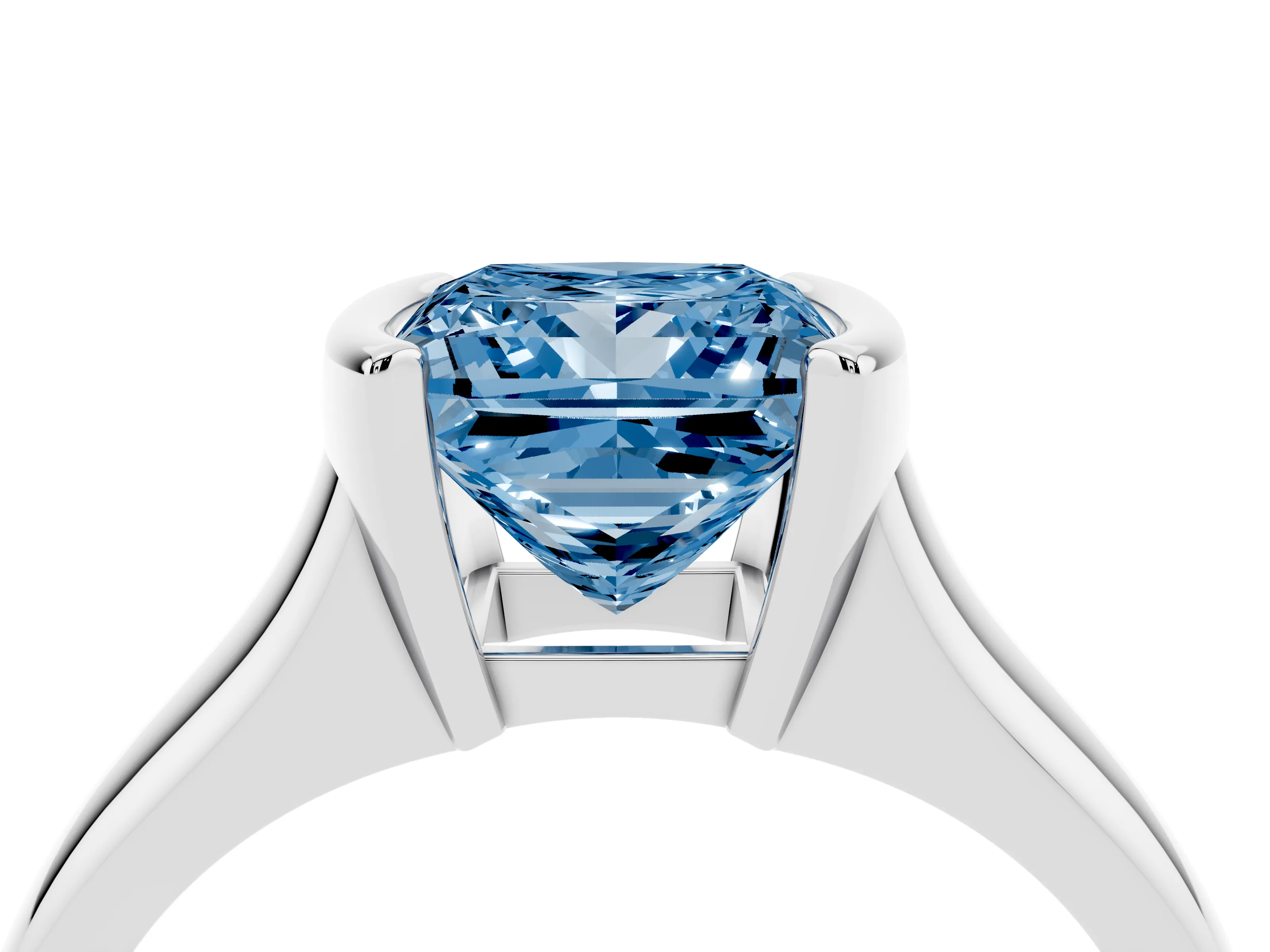 Fancy Blue Princess Cut Diamond Solitaire Tension Set Ring Set in White gold with Split Shank Band