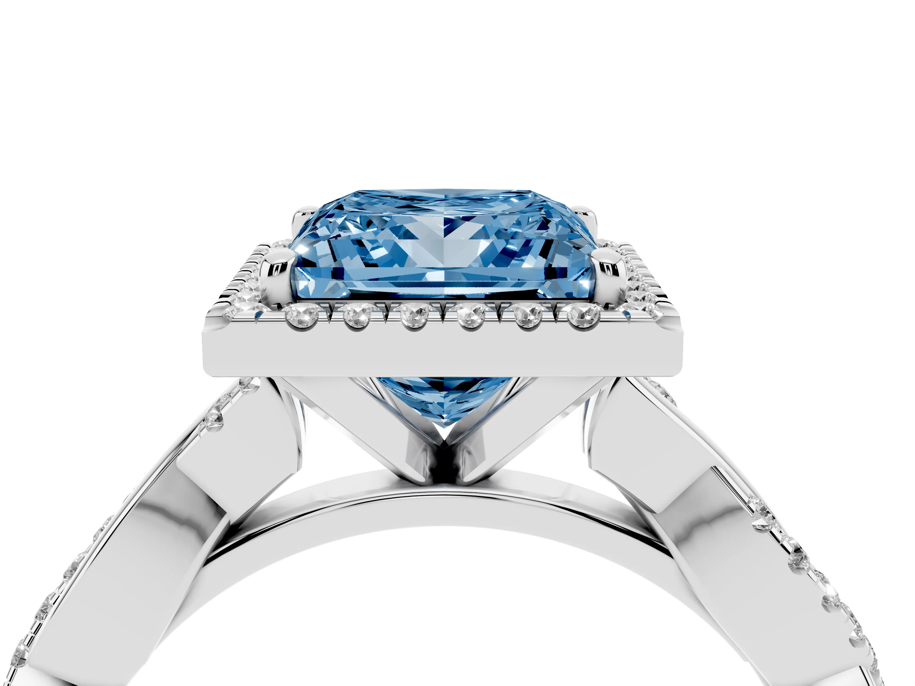 Fancy Blue Princess Cut Diamond Halo Twisted Band Ring Set in Platinum with Prong Setting