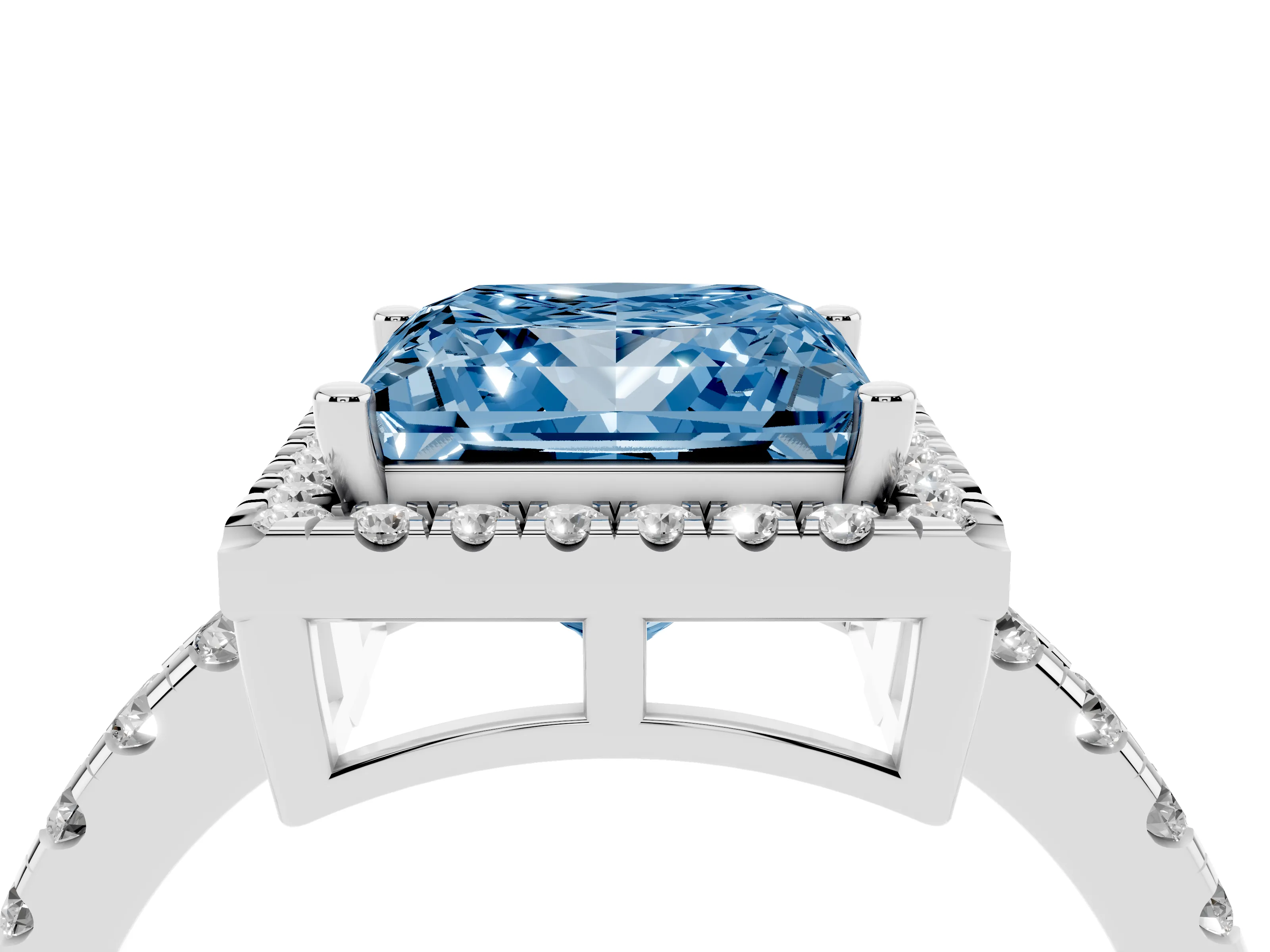 Fancy Blue Princess Cut Diamond Halo Ring Set in Platinum with Delicate Pavé Band and Prong Setting