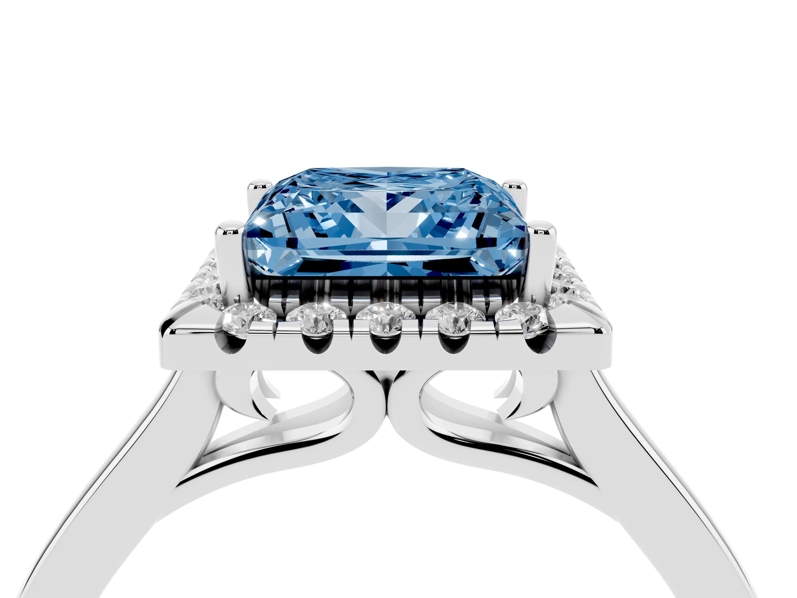 Fancy Blue Princess Cut Halo Round Diamond Solitaire Ring Set in Platinum with Pavé Band and Prong Setting