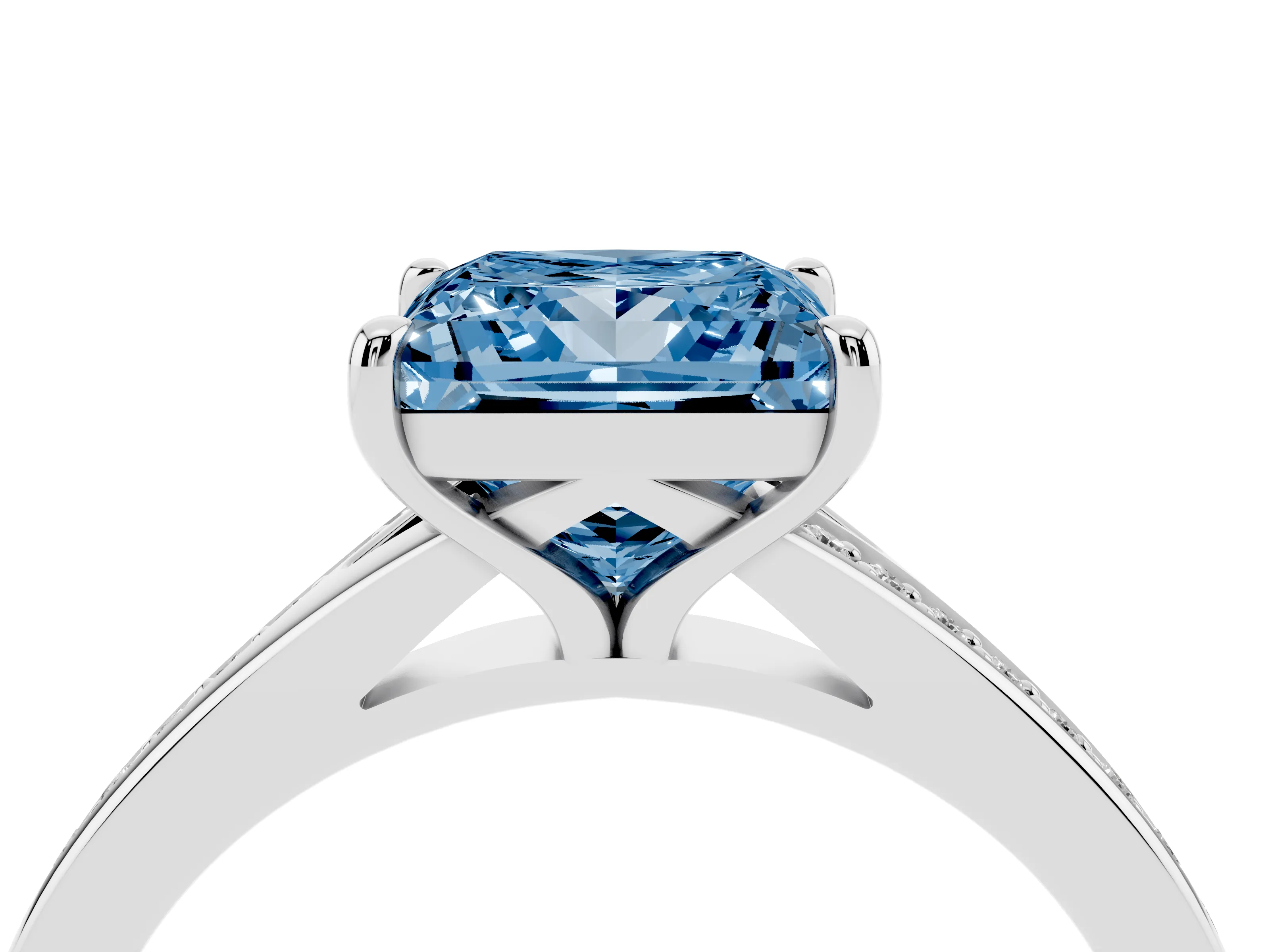 Fancy Blue Princess Cut Diamond Solitaire Ring Set in Silver with Pavé Accent Band and Classic Prong Setting