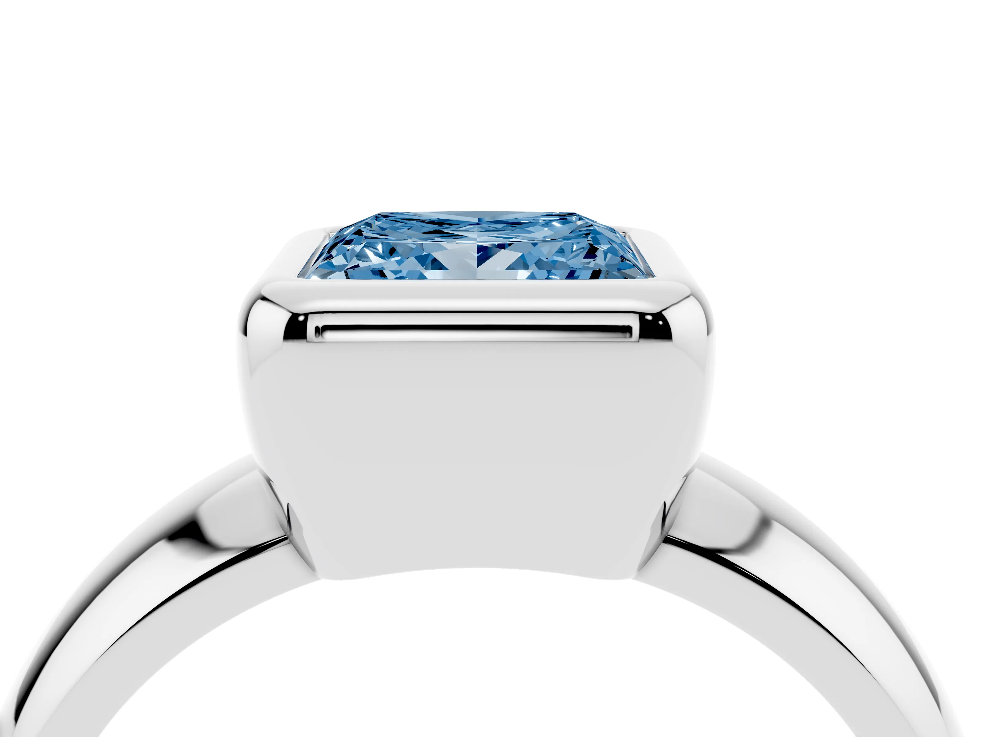 Fancy Blue Bezel Set Princess Cut Diamond Solitaire Ring Set in White gold with Wide Band