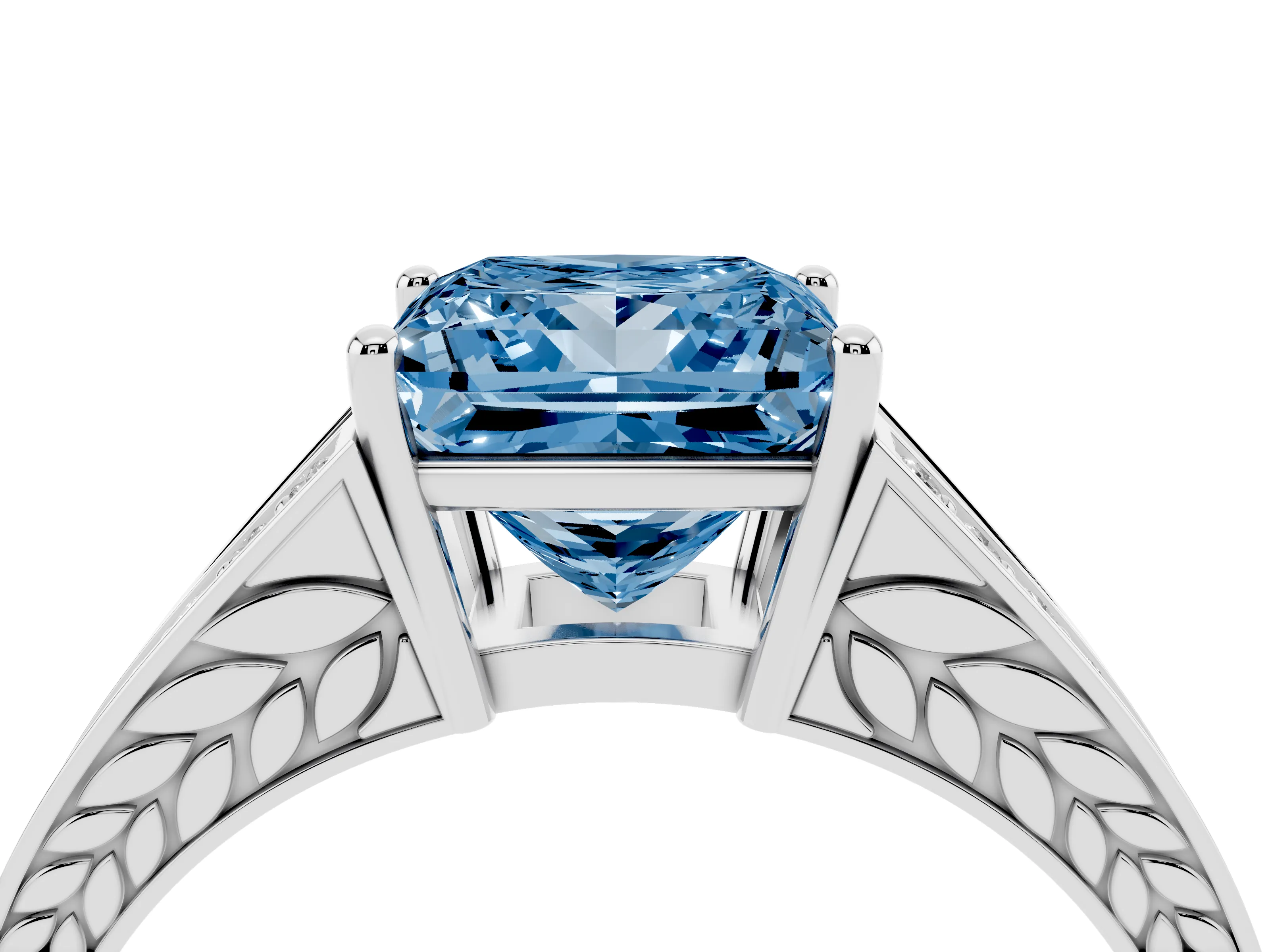 Fancy Blue Princess Cut Diamond Split Shank Ring Set in White gold with Pavé Band and Prong Setting