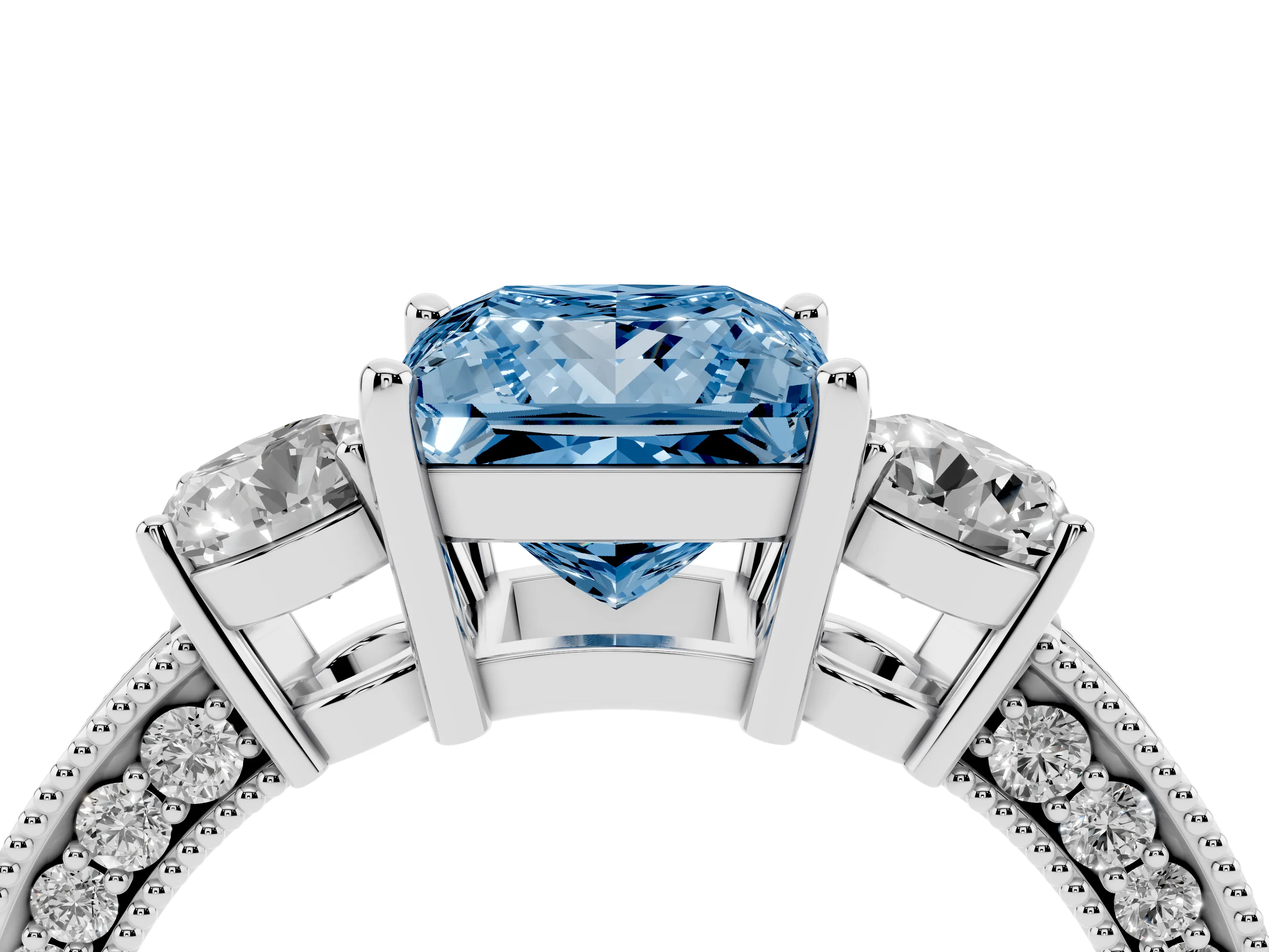 Fancy Blue Princess Cut Diamond Three-Stone Ring Set in White gold with Round Side Stones and Pavé Band