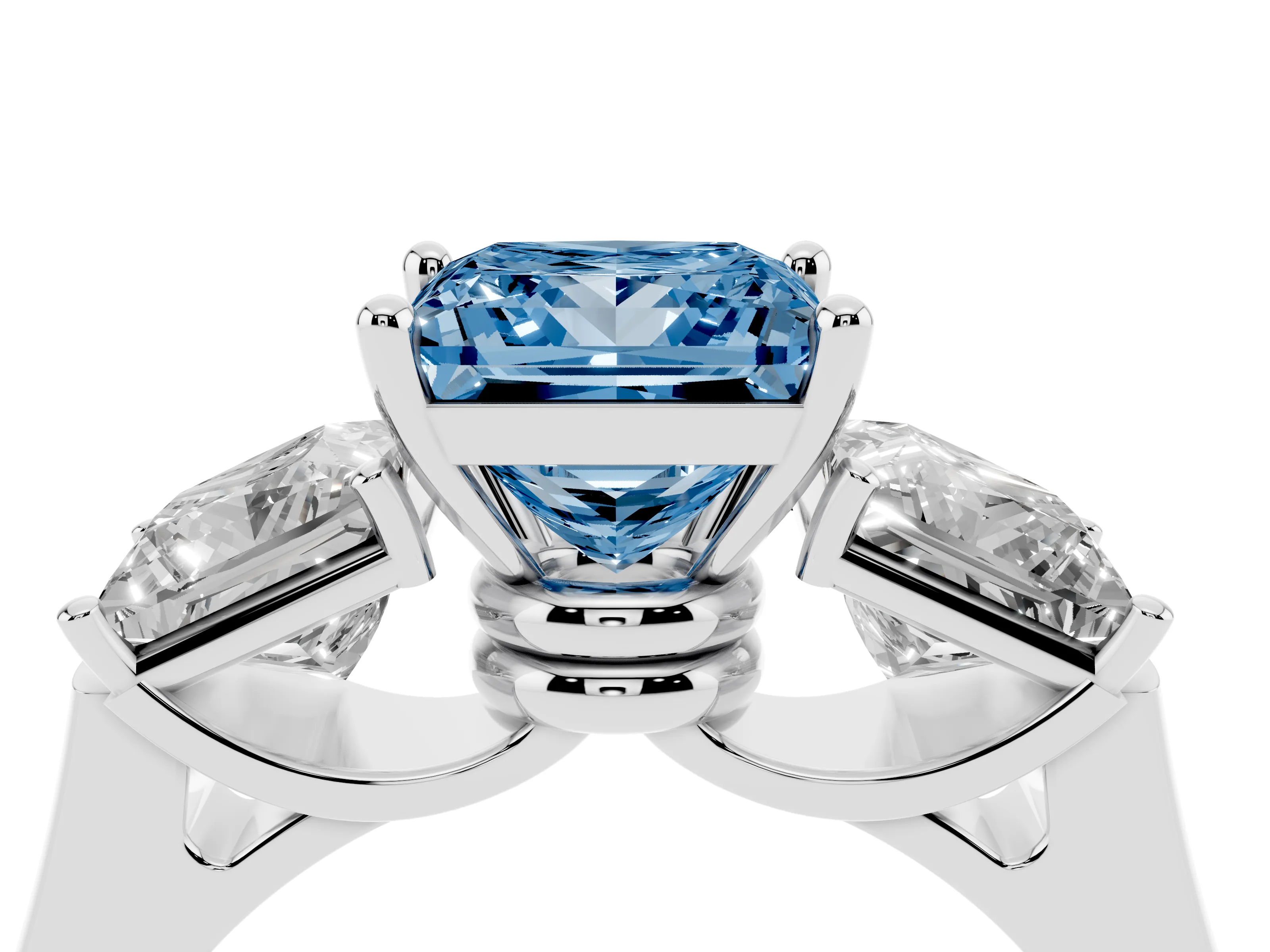 Fancy Blue Princess Cut Diamond Three-Stone Trellis Ring Set in Platinum with Comfort Fit Band