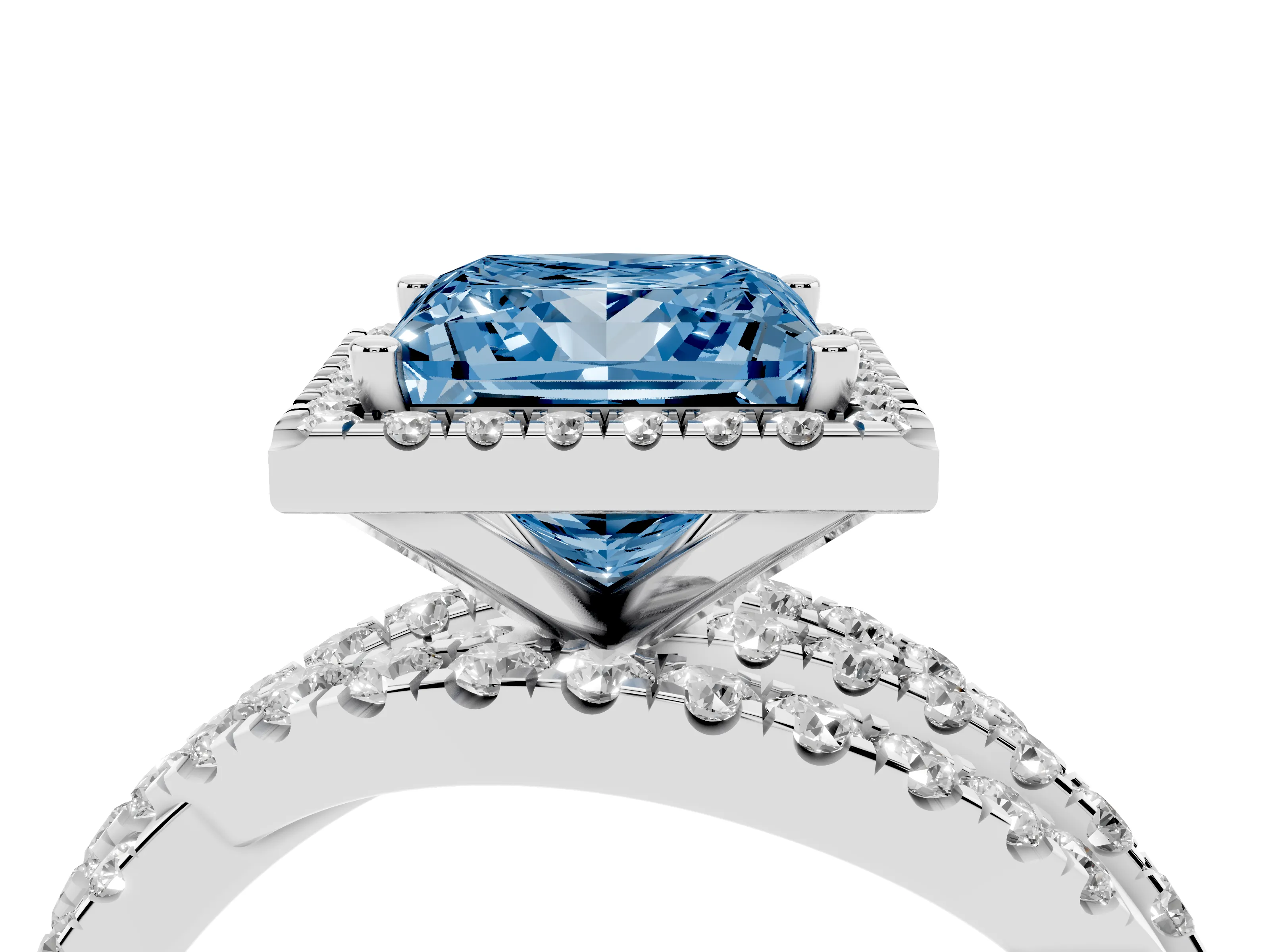 Fancy Blue Princess Cut Diamond Halo Ring Set in Platinum with Round Crossover Split Shank and Prong Setting