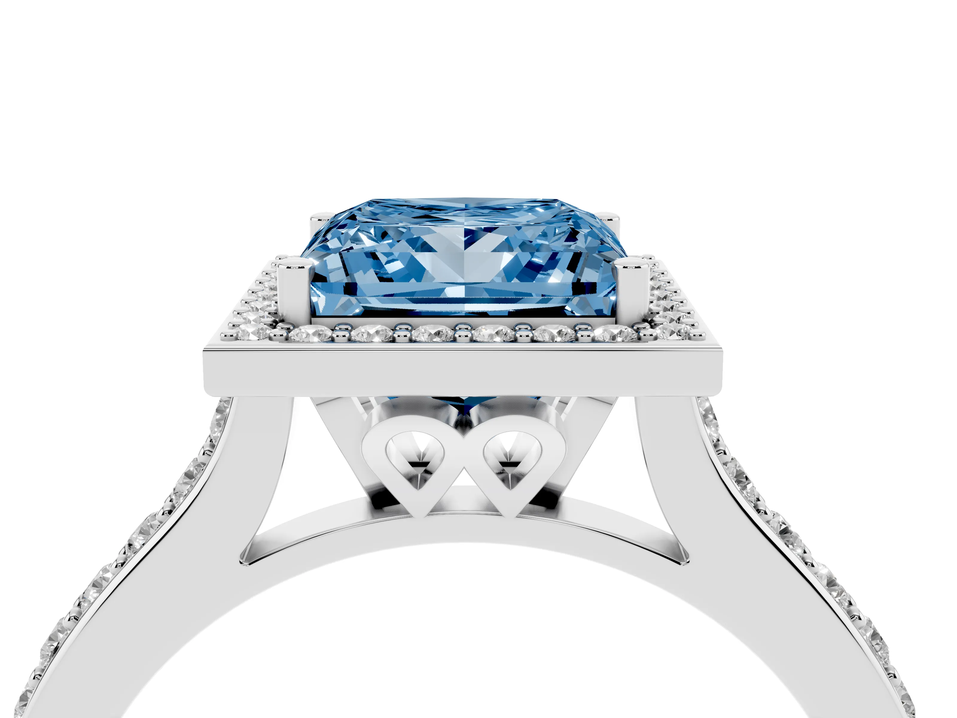 Fancy Blue Princess Cut Diamond Halo Engagement Ring Set in White gold with Round Pavé Shoulders and Heart Gallery