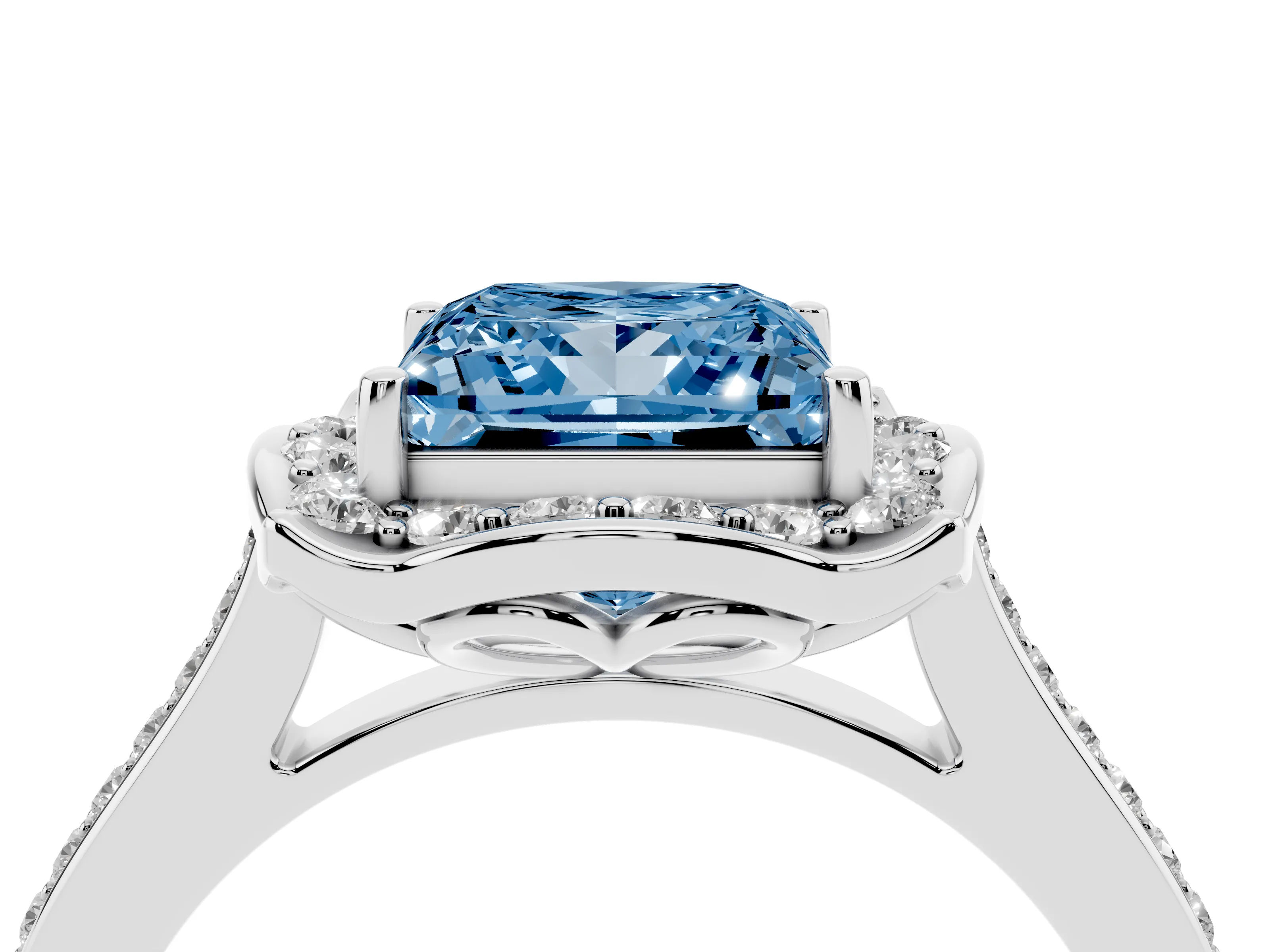 Fancy Blue Princess Cut Diamond Halo Ring Set in Silver with Pavé-Lined Shoulders and Prong Setting