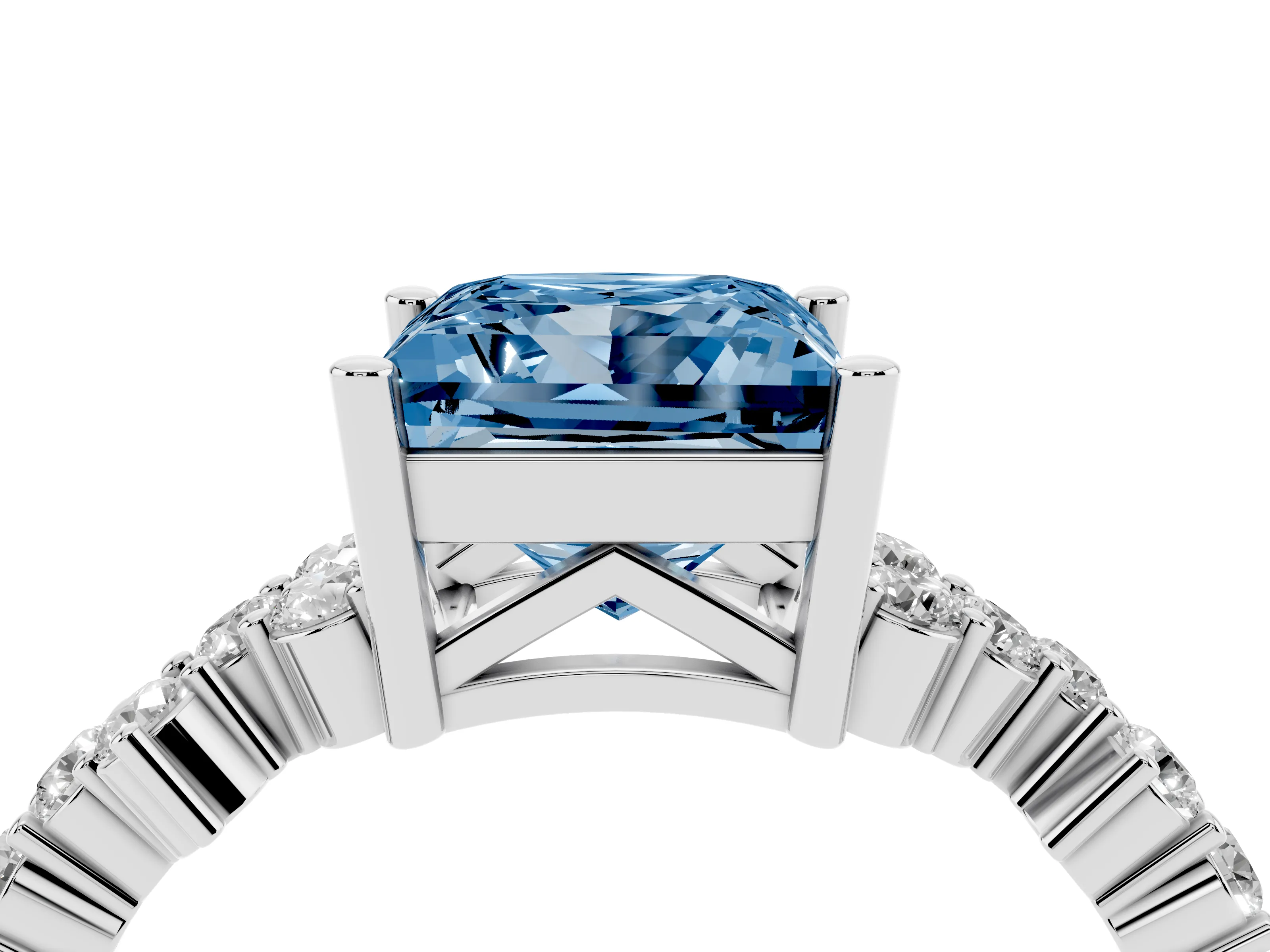 Fancy Blue Princess Cut Diamond Ring Set in White gold with Scattered Round Accents
