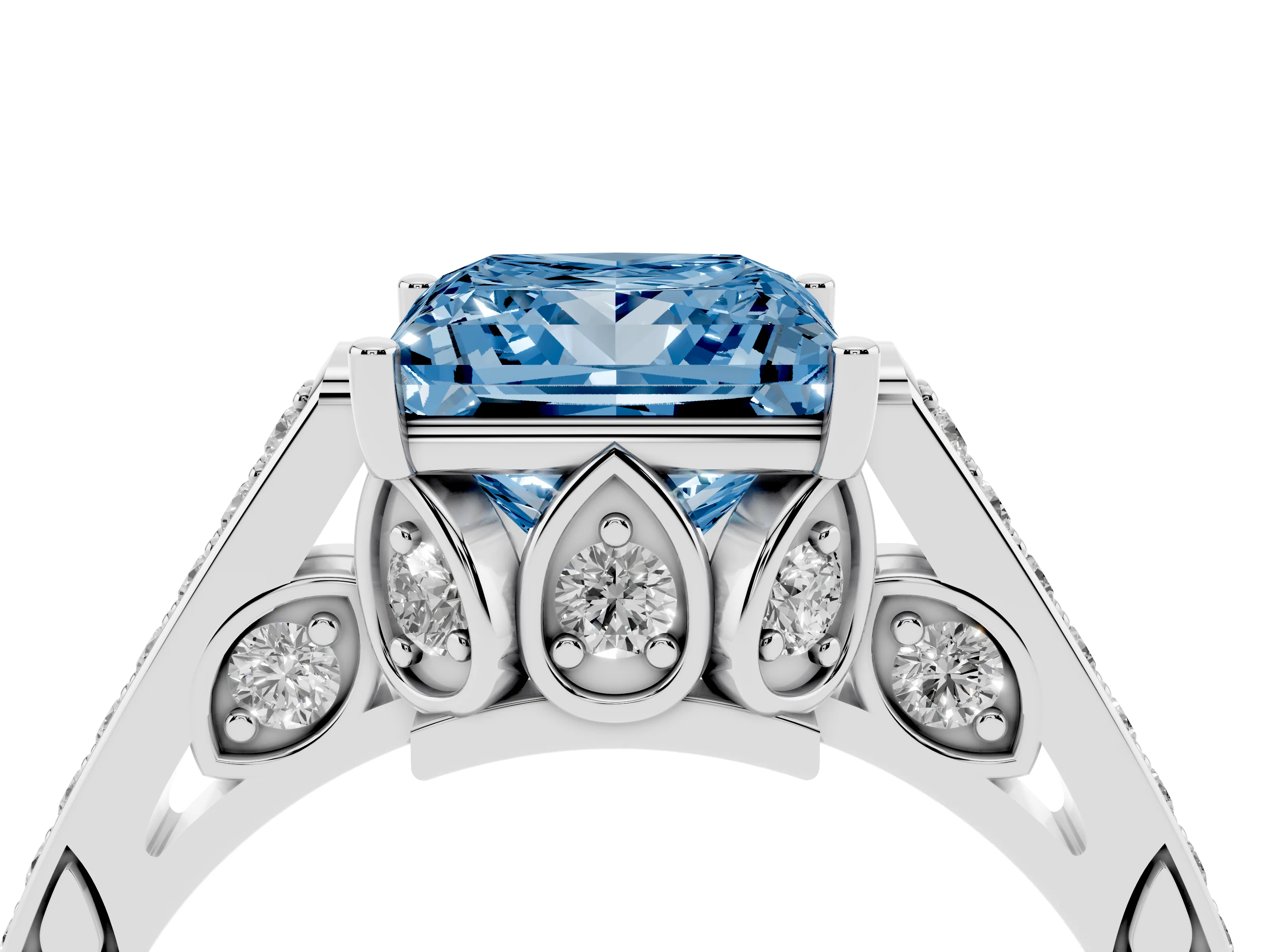 Fancy Blue Princess Cut Diamond Cathedral Pavé Engagement Ring Set in Platinum with Prong Setting