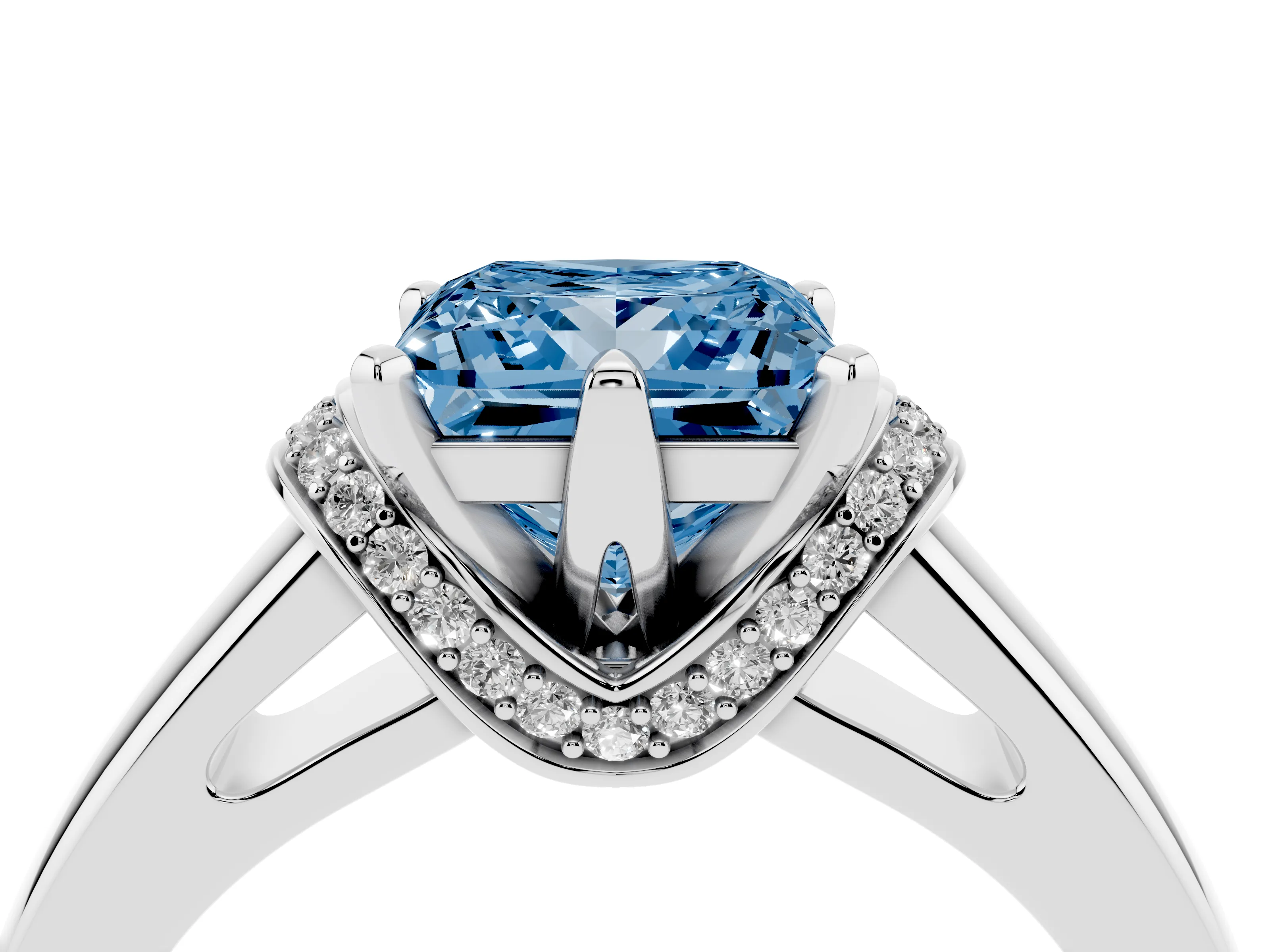 Fancy Blue Princess Cut Diamond Pavé Band Solitaire Ring Set in Silver with Prong Setting