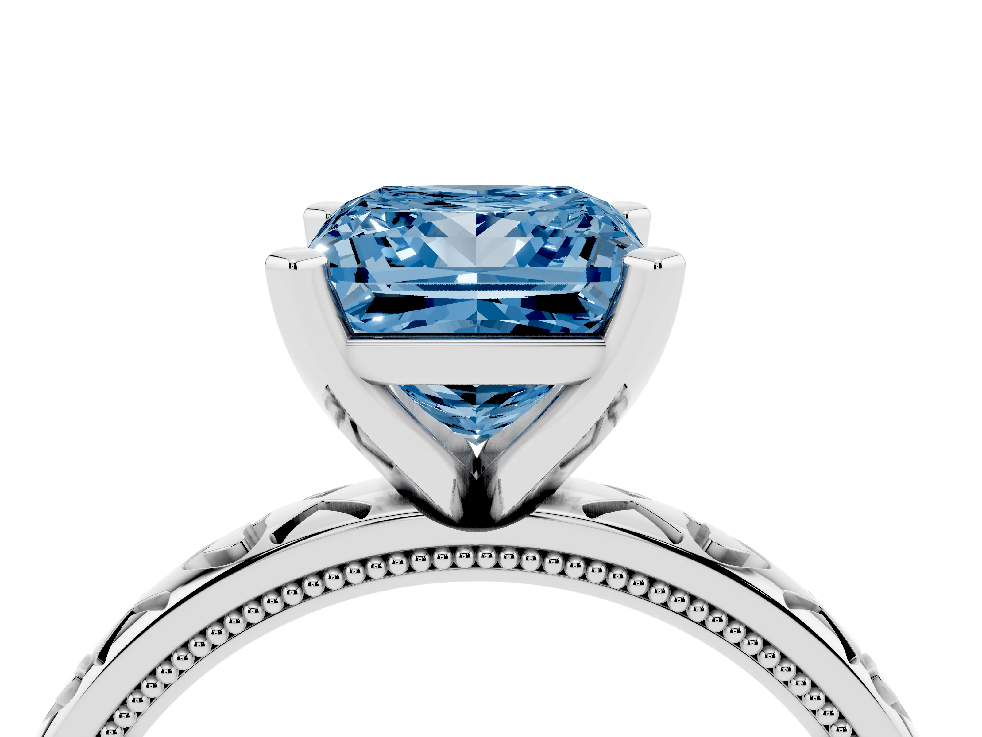 Fancy Blue Princess Cut Diamond Solitaire Engagement Ring Set in Platinum with XO Engraved Band and Prong Setting