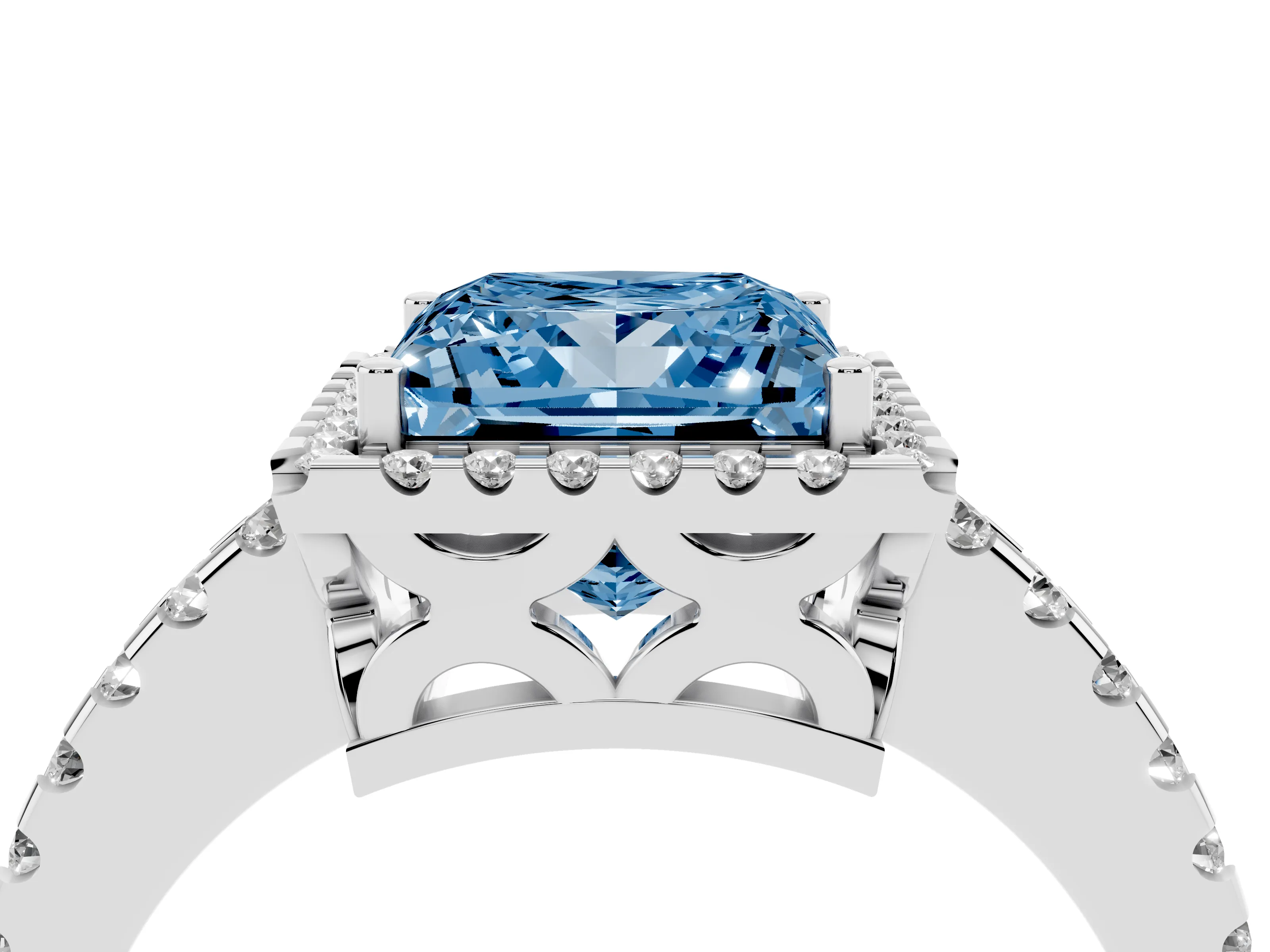 Fancy Blue Princess Cut Diamond Halo Ring Set in Platinum with Pavé Shoulders and Halo-Framed Center