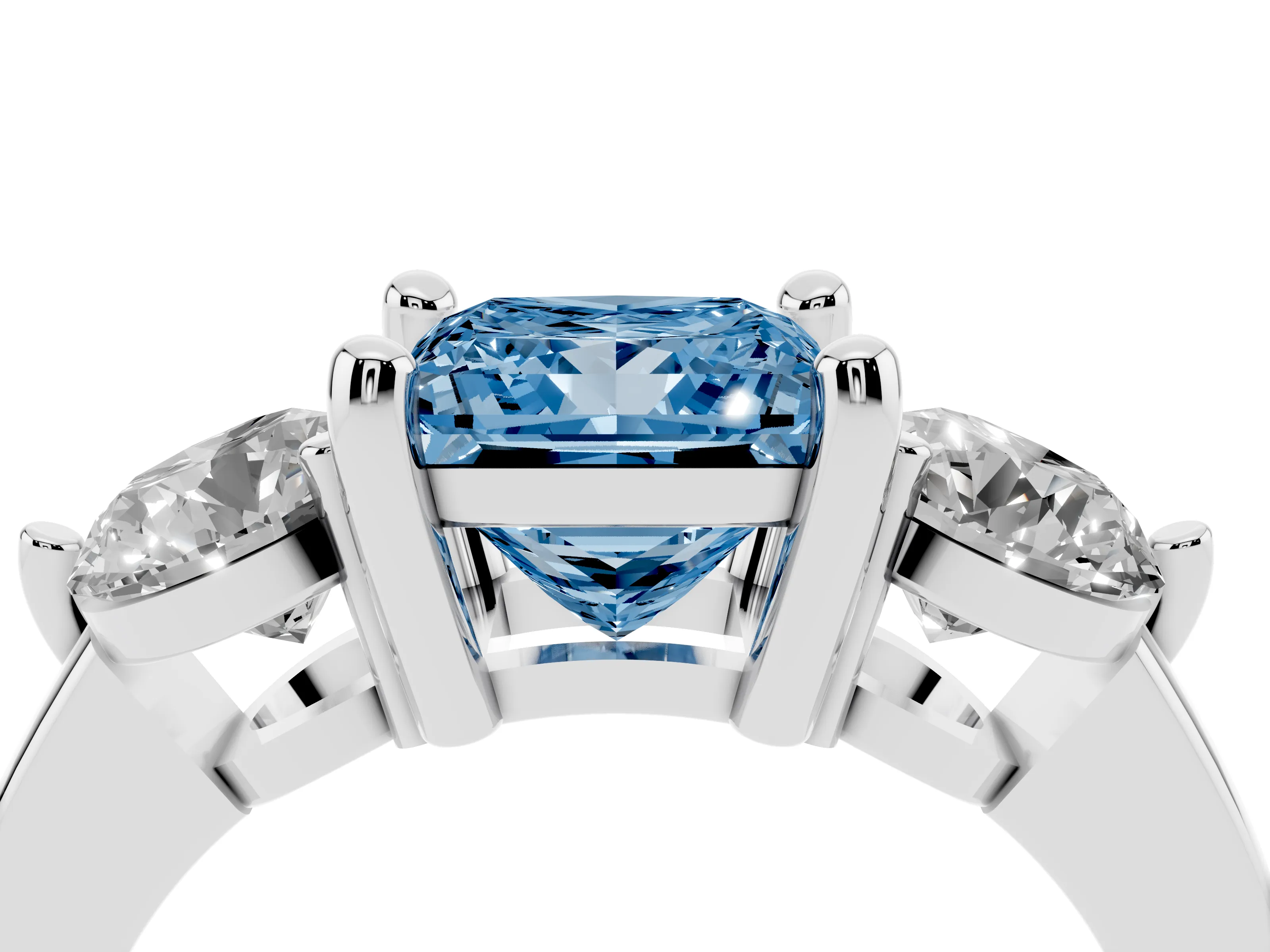 Fancy Blue Princess Cut Diamond Three-Stone Ring Set in Platinum with Prong Setting and Classic Band