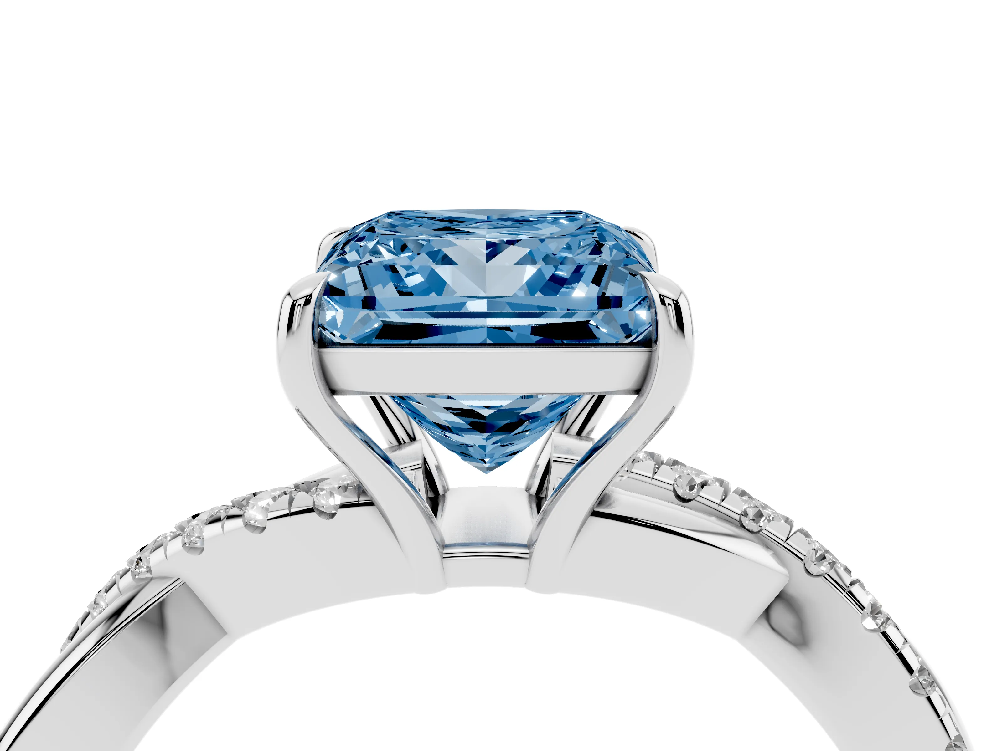 Fancy Blue Princess Cut Diamond Twisted Pavé Band Ring Set in Silver with Prong Setting