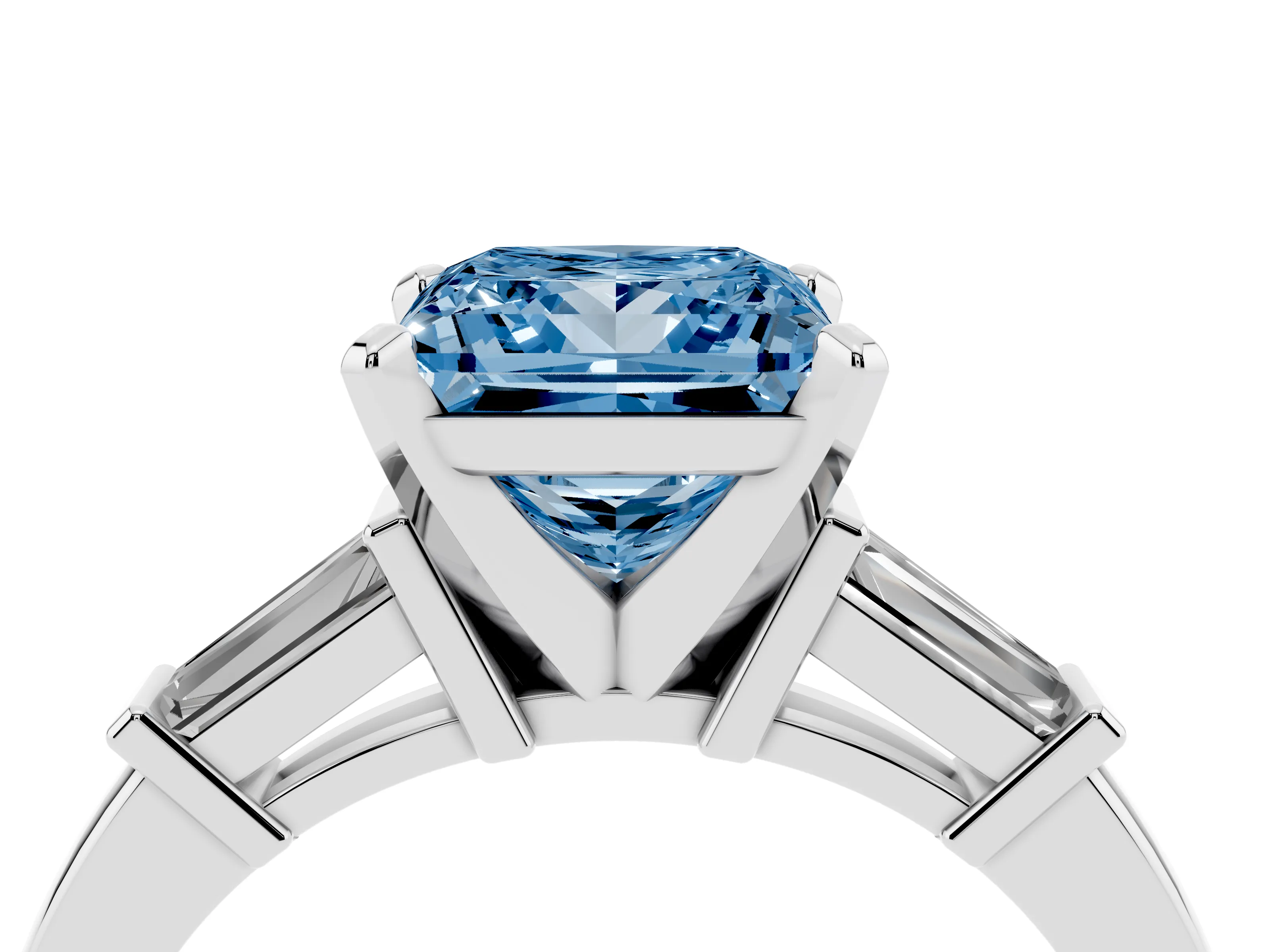 Fancy Blue Princess Cut Diamond Solitaire Ring Set in White gold with Tapered Baguette Accents and Prong Setting
