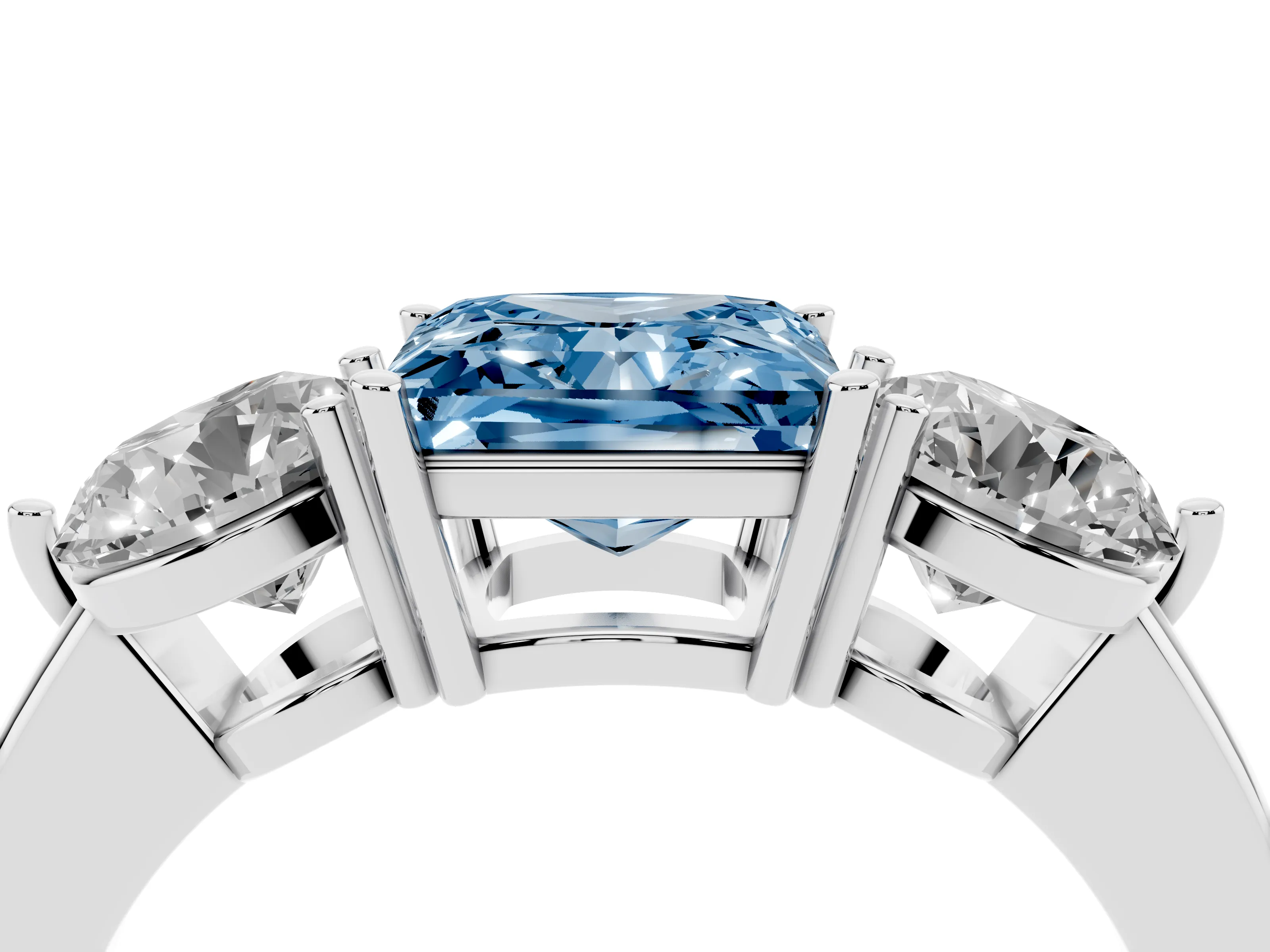Fancy Blue Princess Cut Diamond Three-Stone Ring Set in White gold with Prong Setting and Plain Band