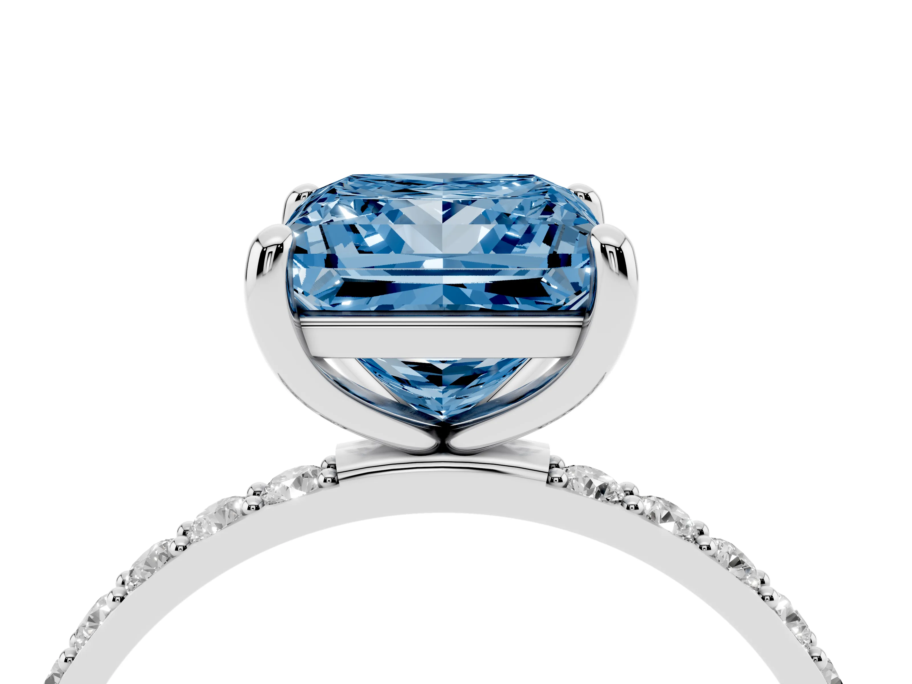 Fancy Blue Princess Cut Diamond Solitaire Ring Set in White gold with Round Pavé Band and Prong Setting