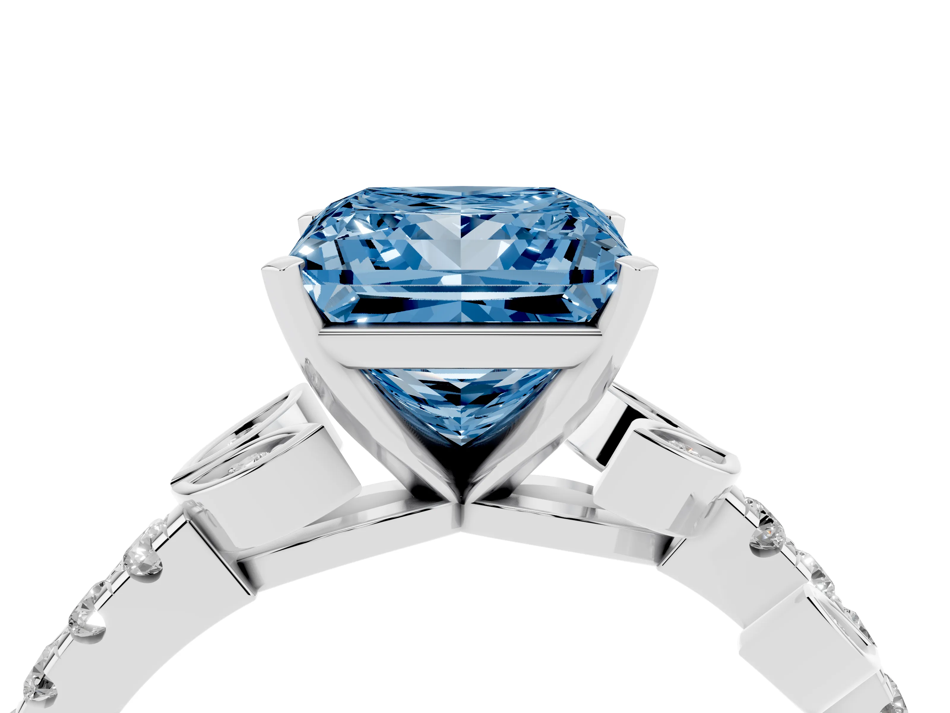 Fancy Blue Princess Cut Diamond Solitaire Leaf-Inspired Ring Set in White gold with Pavé Band and Prong Setting