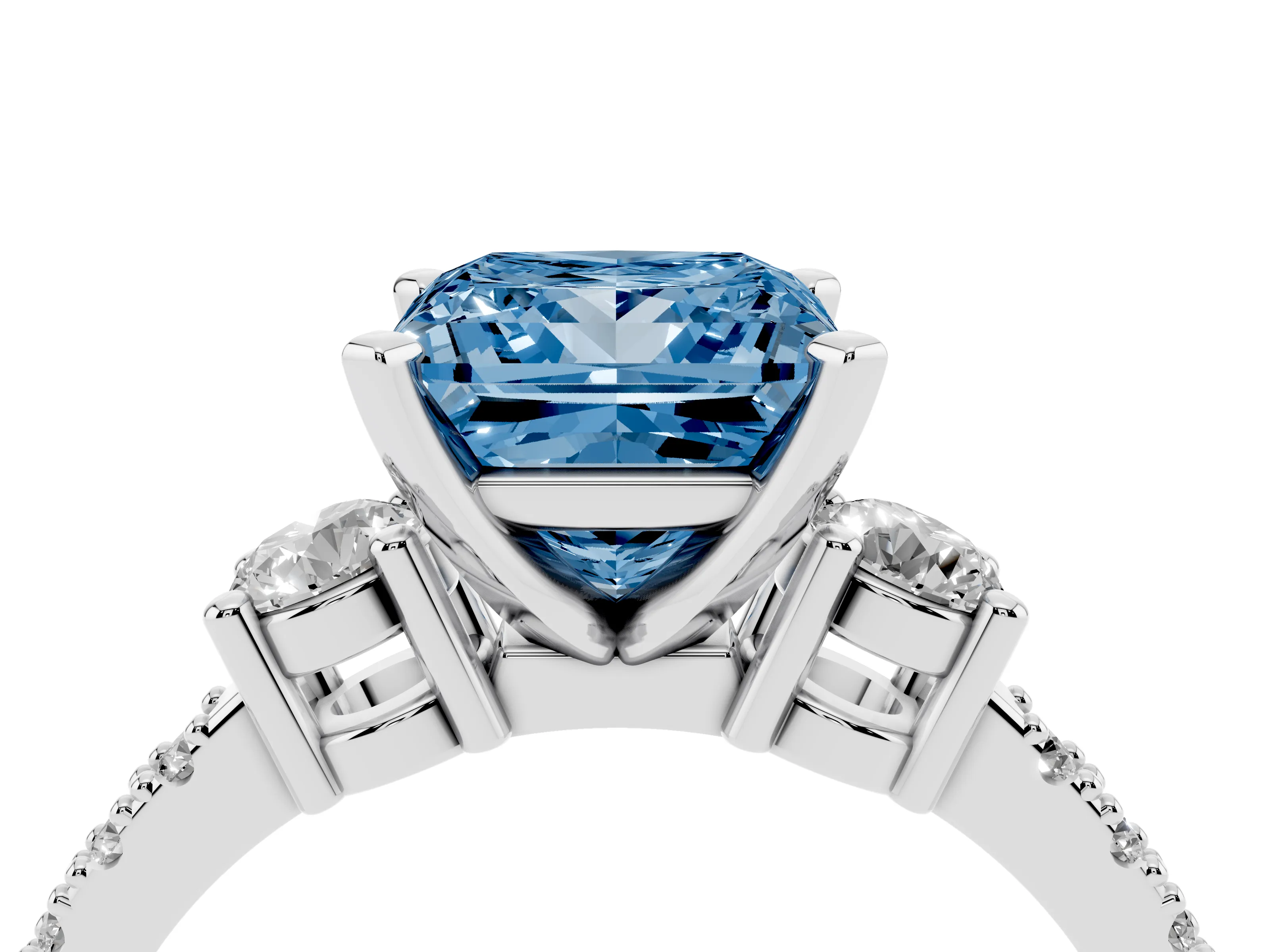 Fancy Blue Three-Stone Princess Cut Diamond Pavé Band Ring Set in Silver with Prong Setting