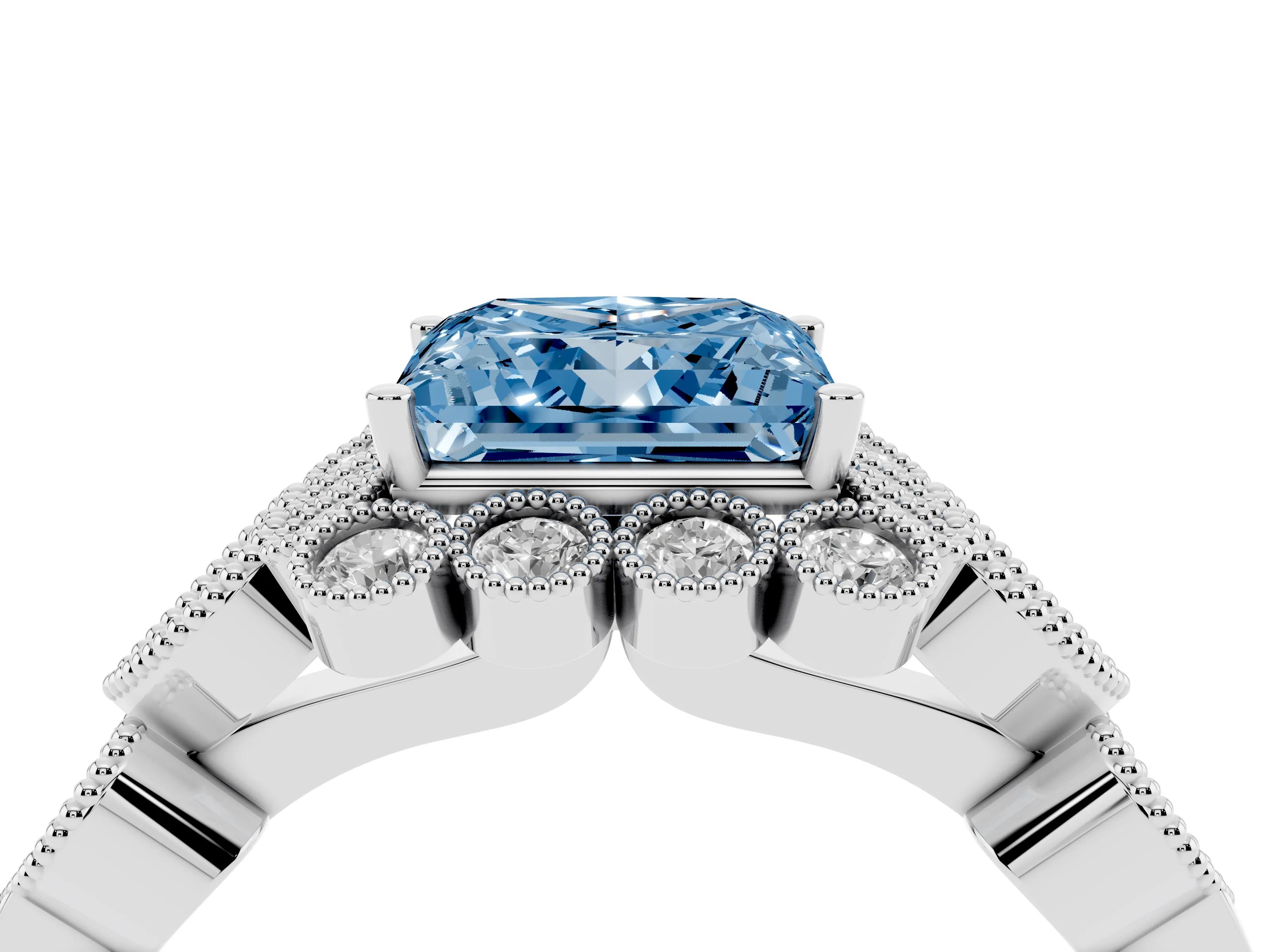 Fancy Blue Princess Cut Diamond Solitaire Ring Set in White gold with Milgrain Pavé Heart Band
