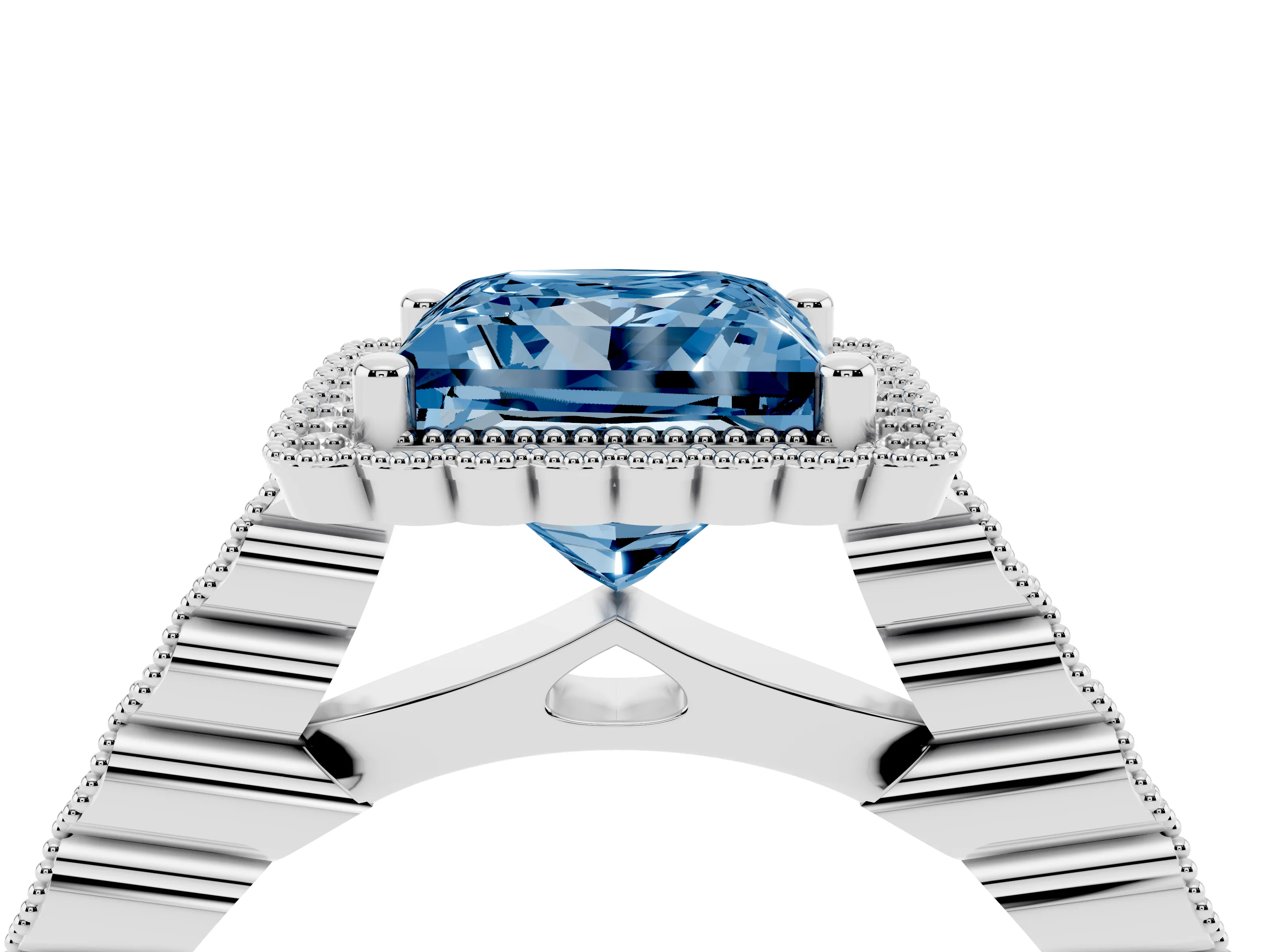 Fancy Blue Princess Cut Diamond Halo Ring Set in Platinum with Pavé Milgrain Band