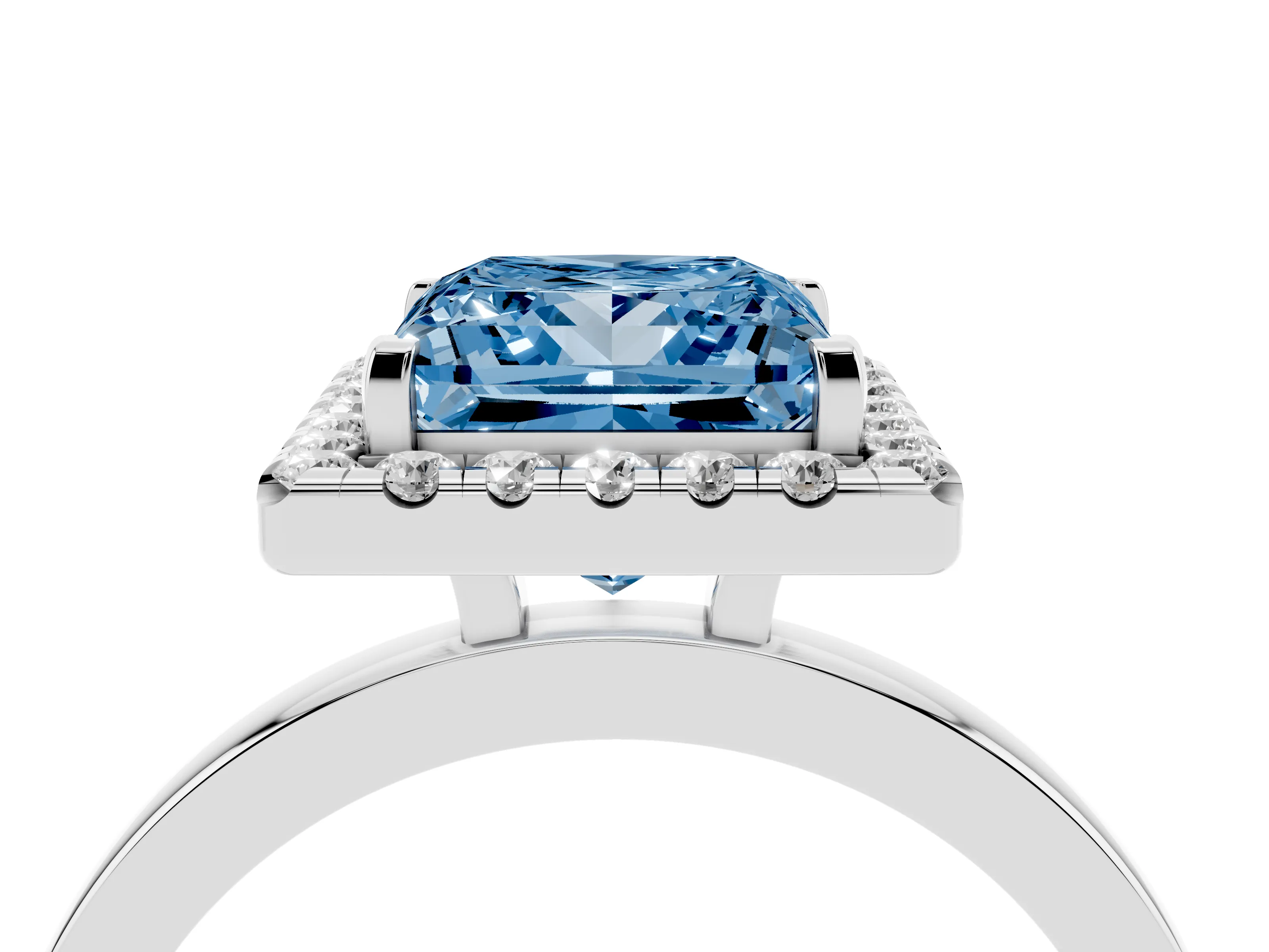Fancy Blue Princess Cut Diamond Halo Solitaire Ring Set in White gold with Pavé Band and Prong Setting