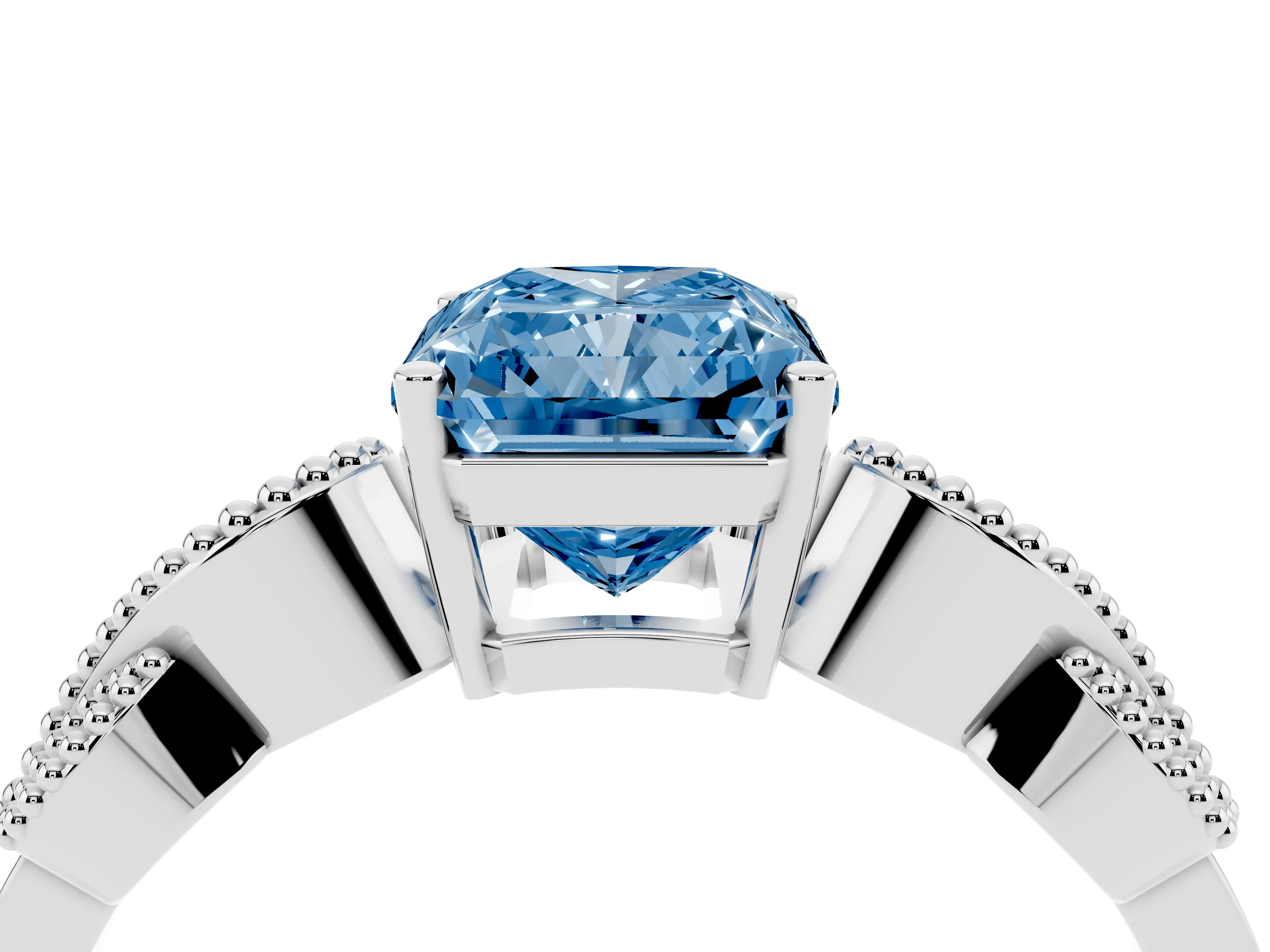 Fancy Blue Princess Cut Diamond Milgrain Leaf Band Solitaire Ring Set in Platinum with Accent Stones and Prong Setting