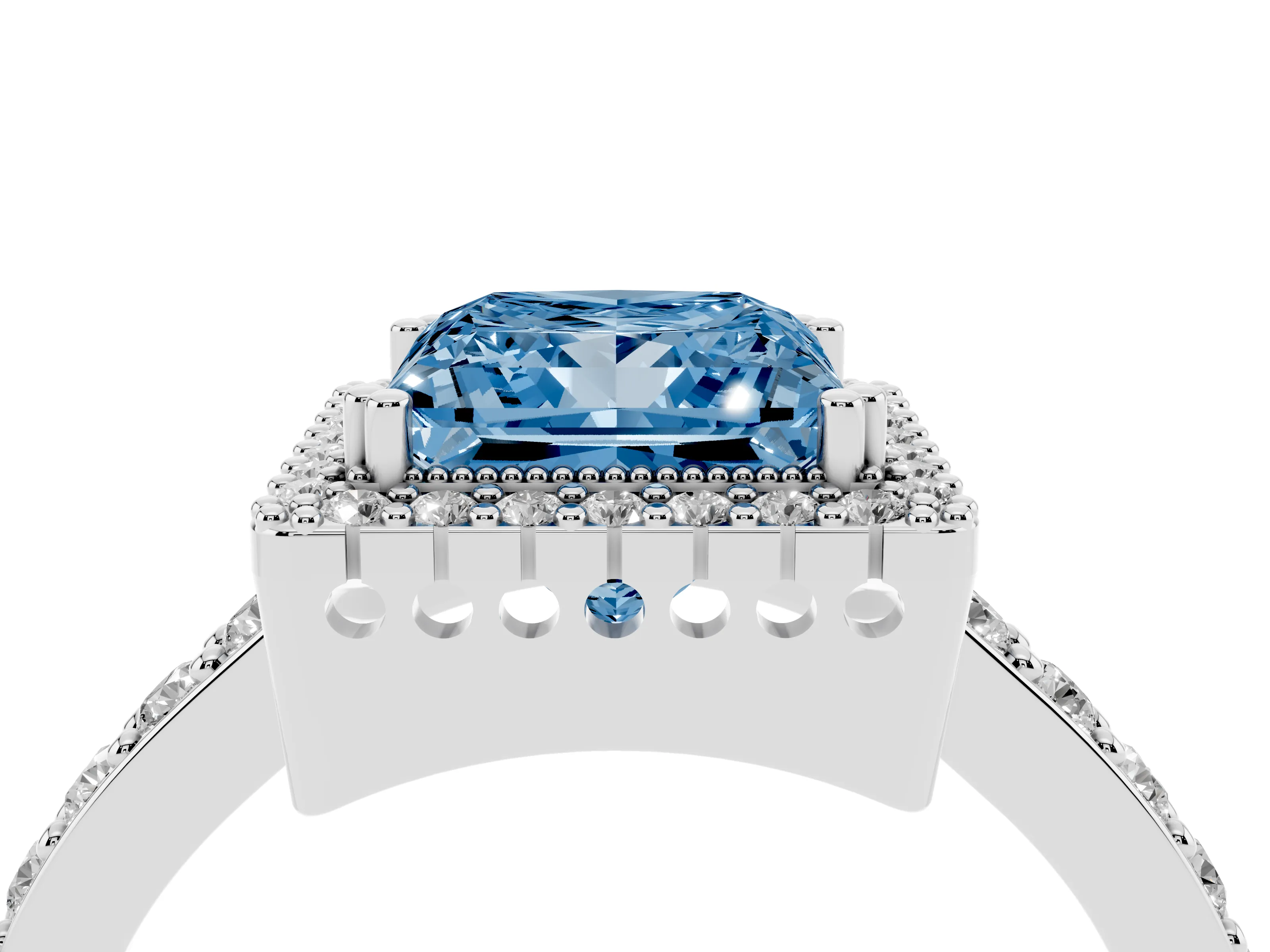 Fancy Blue Princess Cut Diamond Halo Engagement Ring Set in White gold with Milgrain Detail and Pavé Band