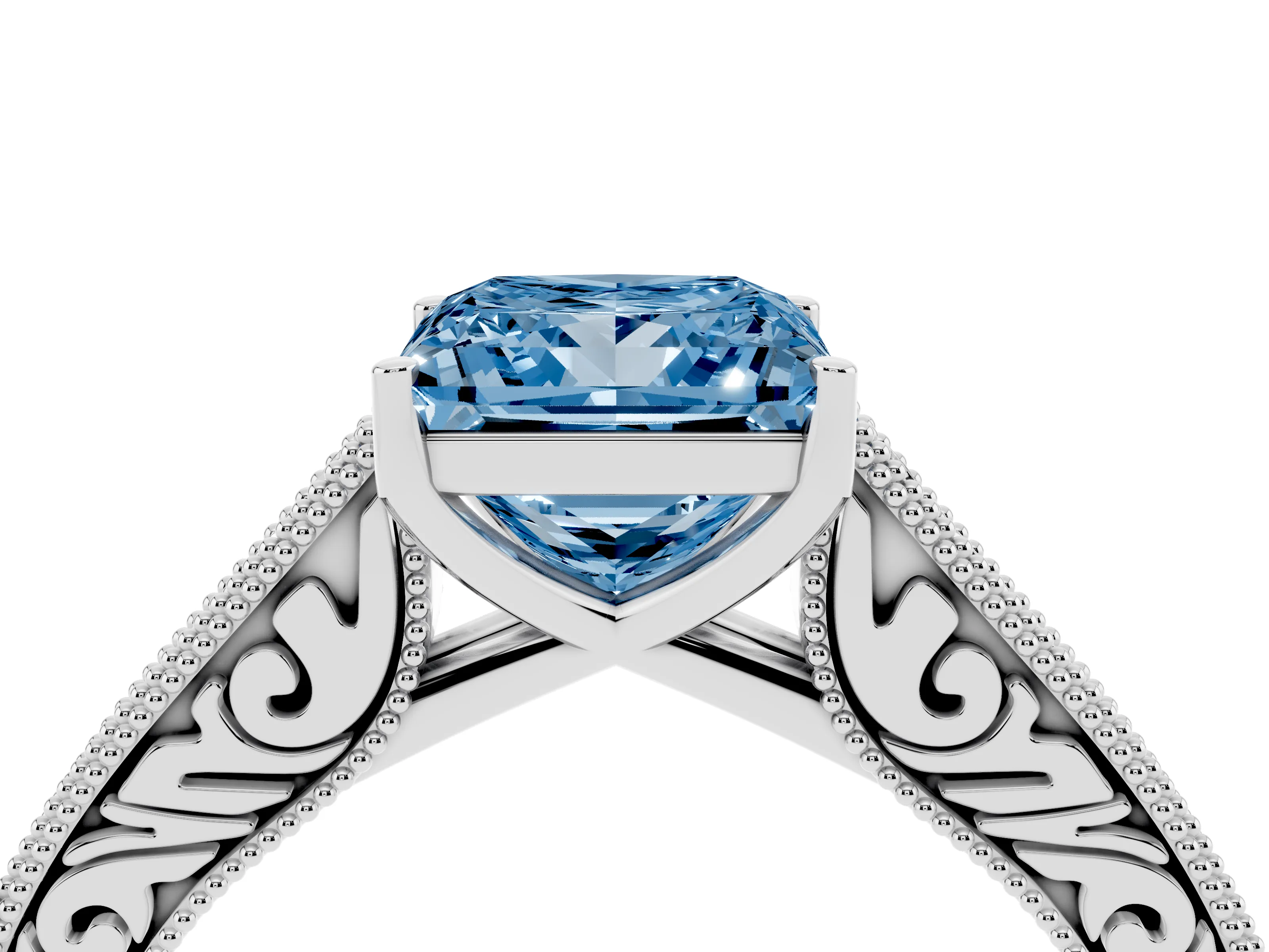 Fancy Blue Princess Cut Diamond Milgrain Pavé Band Solitaire Ring Set in White gold with Prong Setting