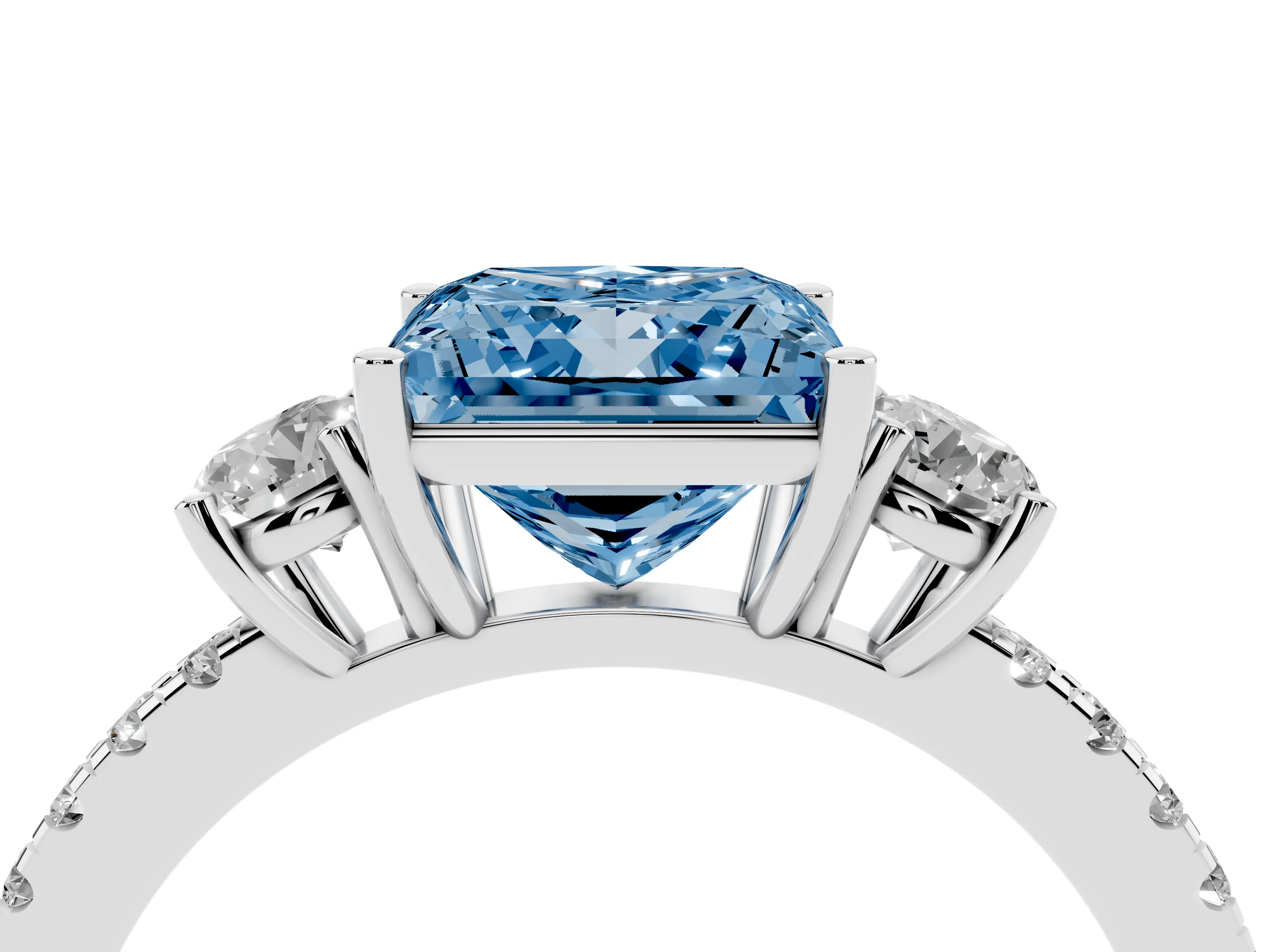 Fancy Blue Princess Cut Diamond Three-Stone Ring Set in Platinum with Pavé Band and Graduated Sides