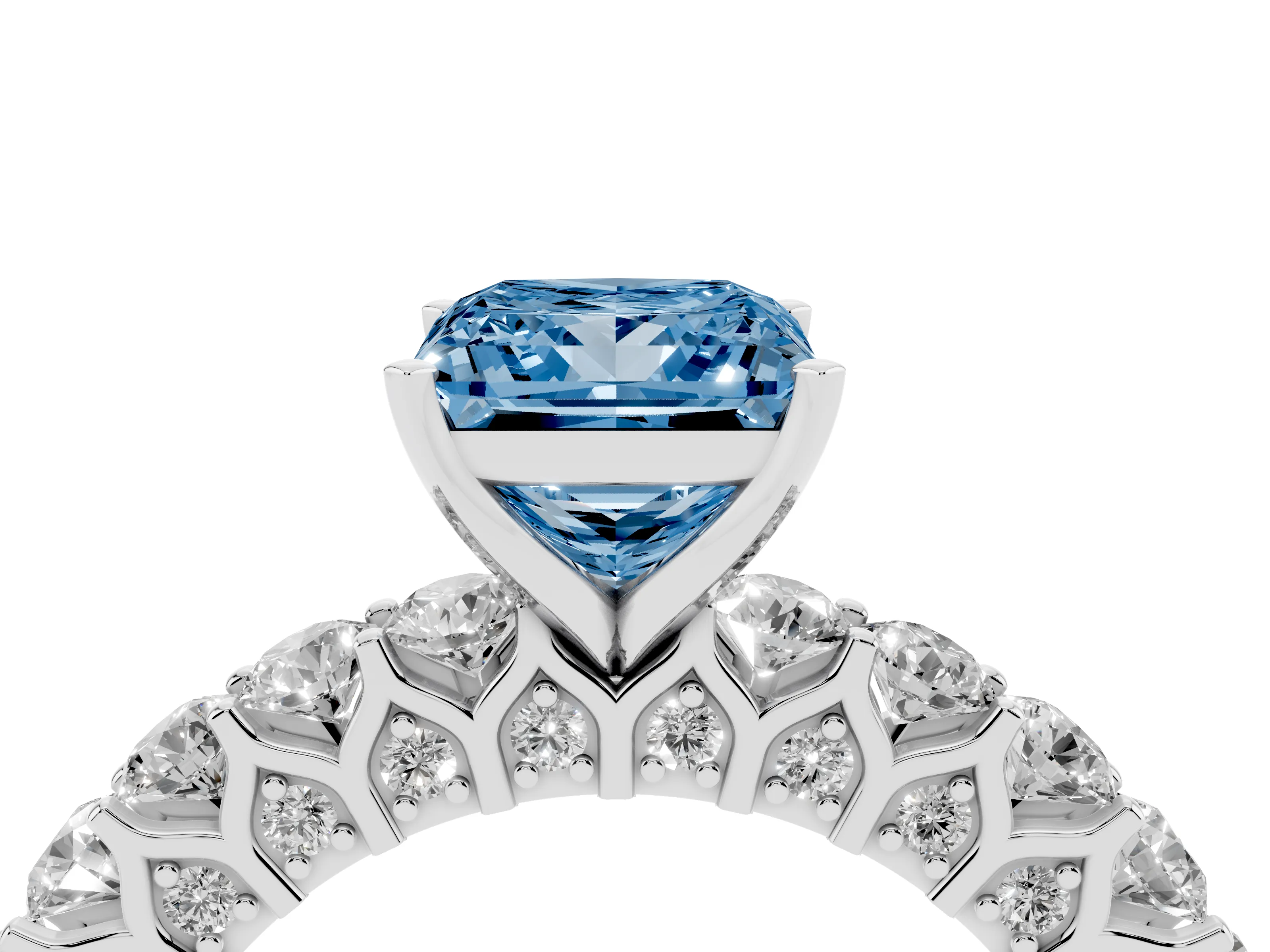 Fancy Blue Princess Cut Diamond Solitaire Ring Set in Silver with Shared Prong Pavé Band