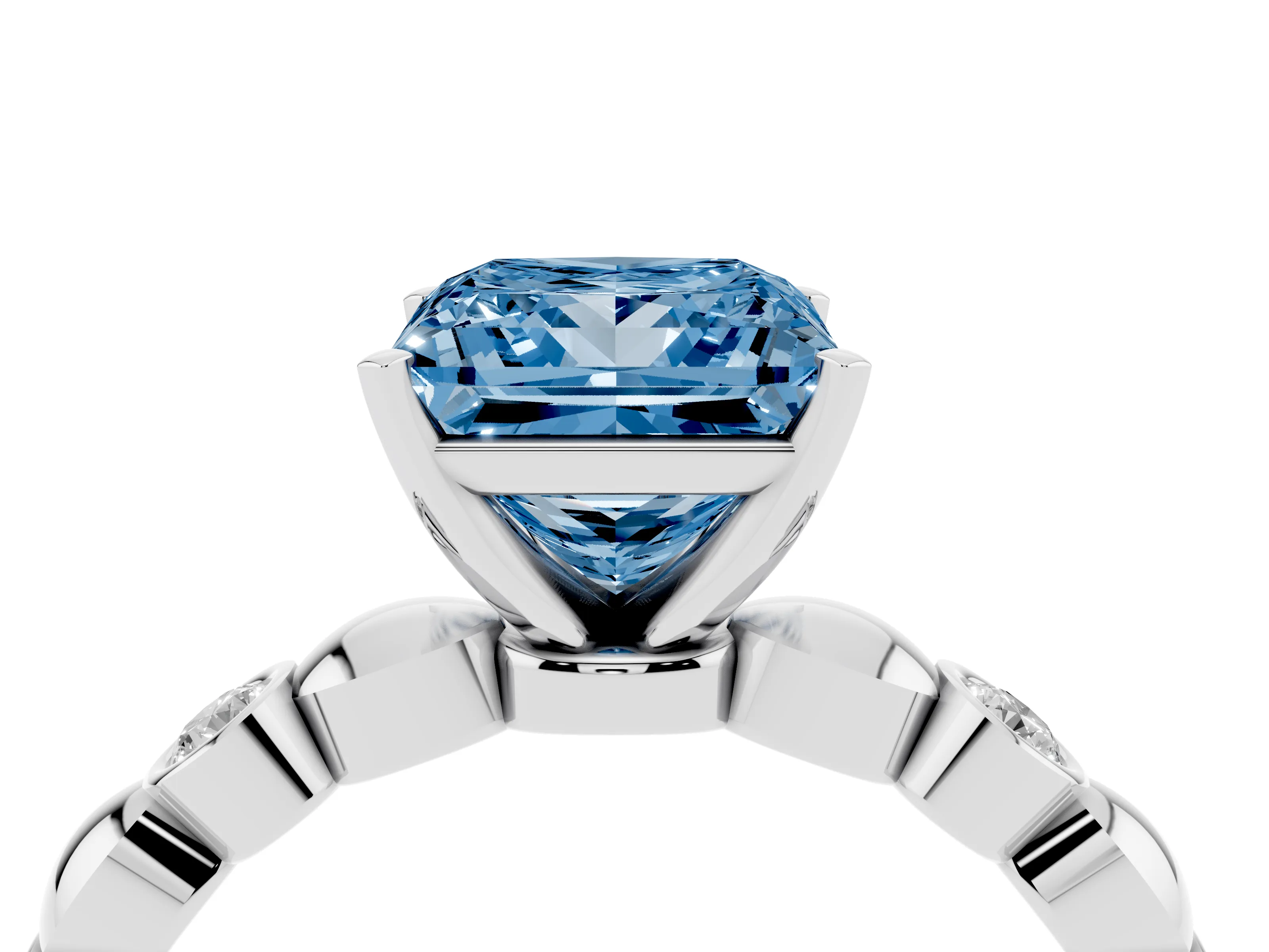 Fancy Blue Princess Cut Diamond Solitaire Ring Set in Silver with Bezel-Set Accents on Beaded Band and Prong Setting