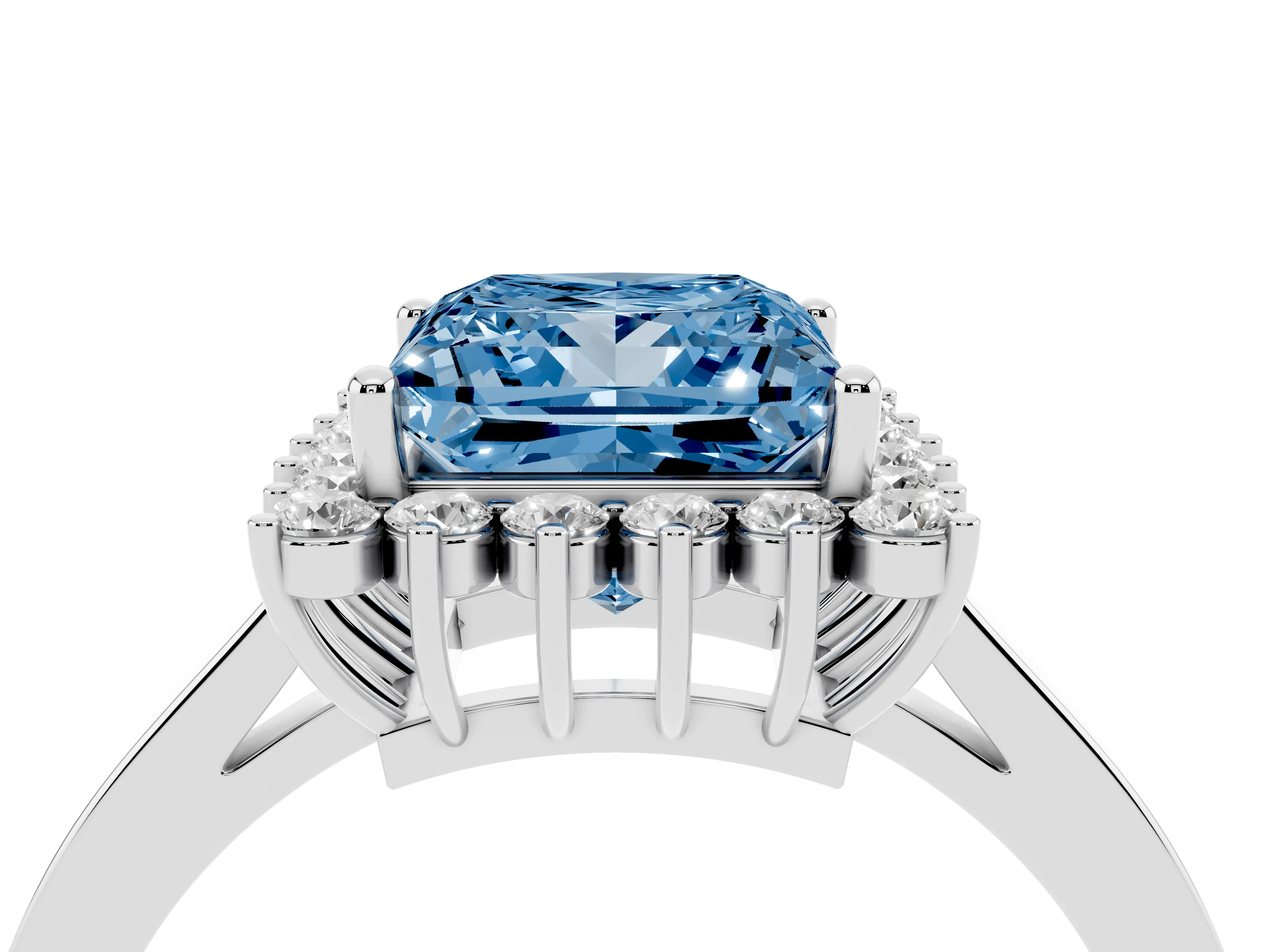 Fancy Blue Princess Cut Diamond Halo Ring Set in Platinum with Round Halo and Smooth Solitaire Band