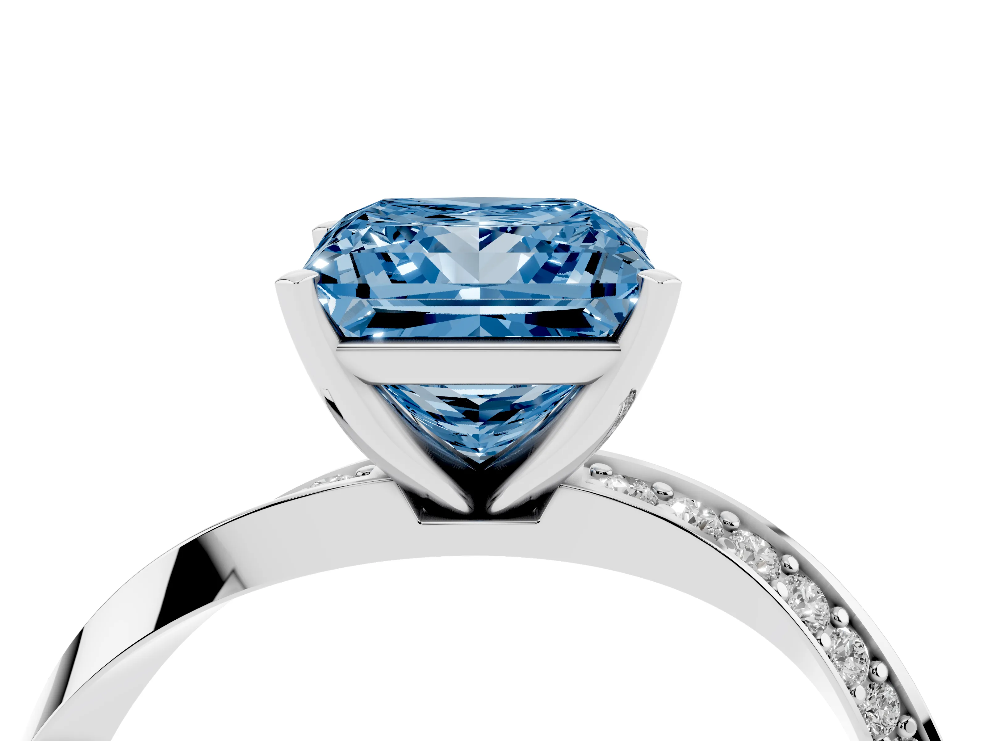 Fancy Blue Princess Cut Diamond Engagement Ring Set in Silver with Side Stone Accents and Prong Setting