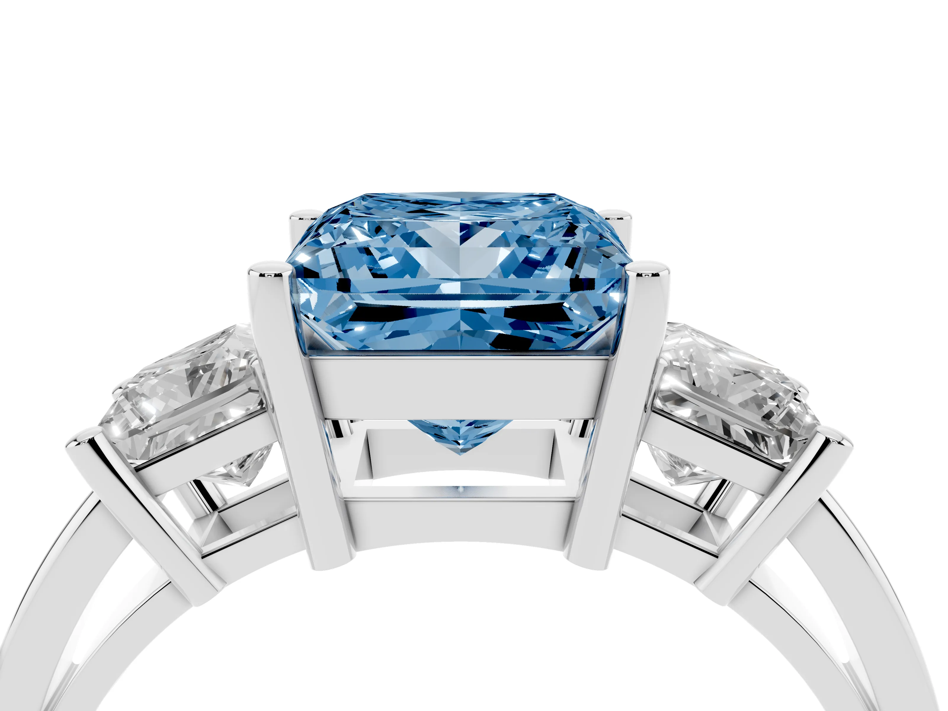 Fancy Blue Three-Stone Princess Cut Diamond Solitaire Ring Set in Platinum with Prong Setting