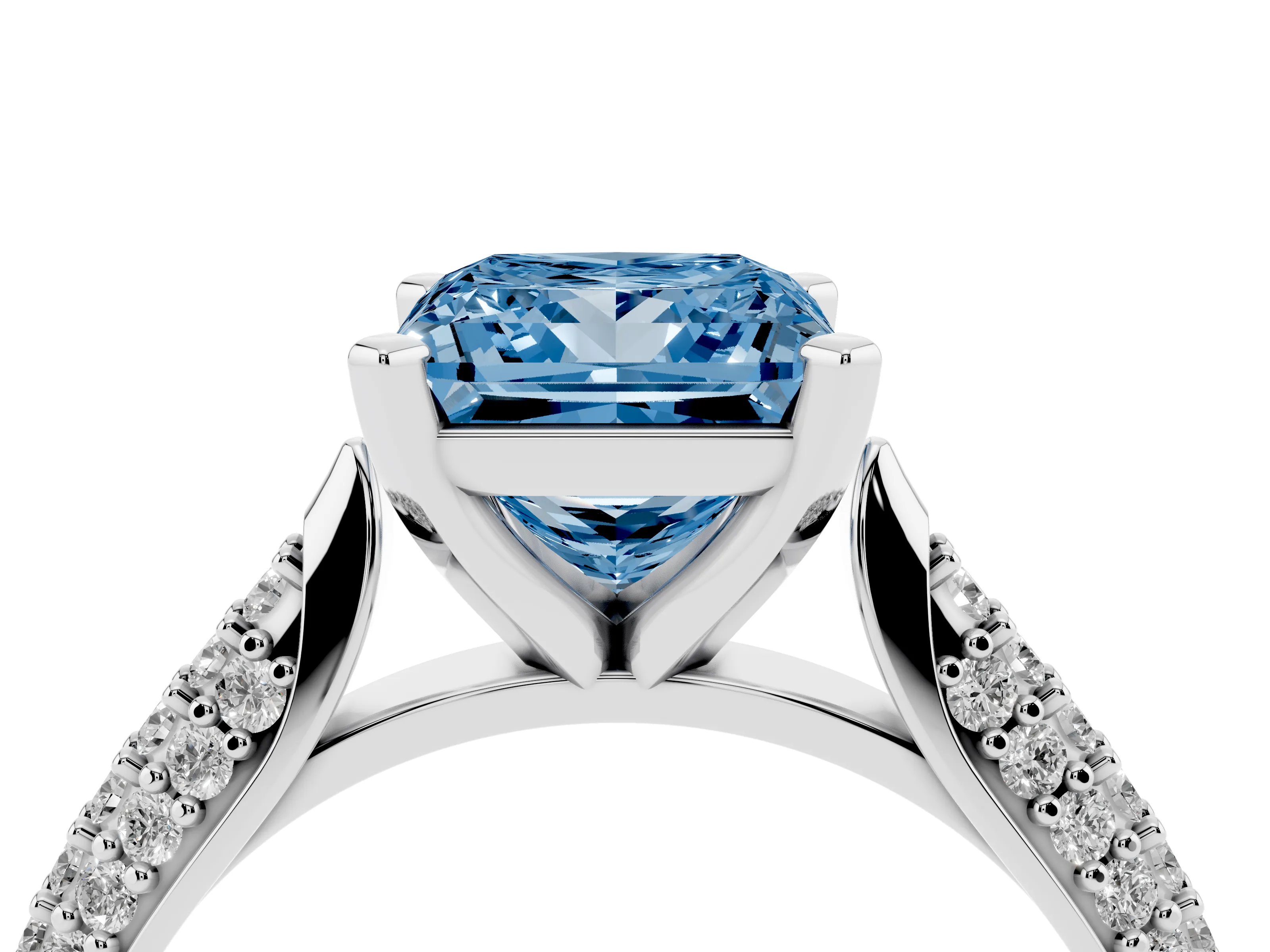 Fancy Blue Princess Cut Diamond Solitaire Engagement Ring Set in Silver with Multi-Row Round Pavé Band and Prong Setting